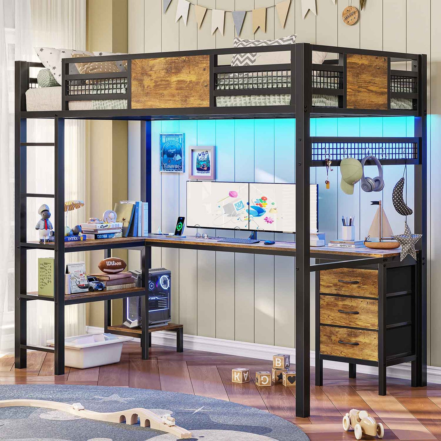 Twin Size Loft Bed Frame with L-Shaped Desk Black