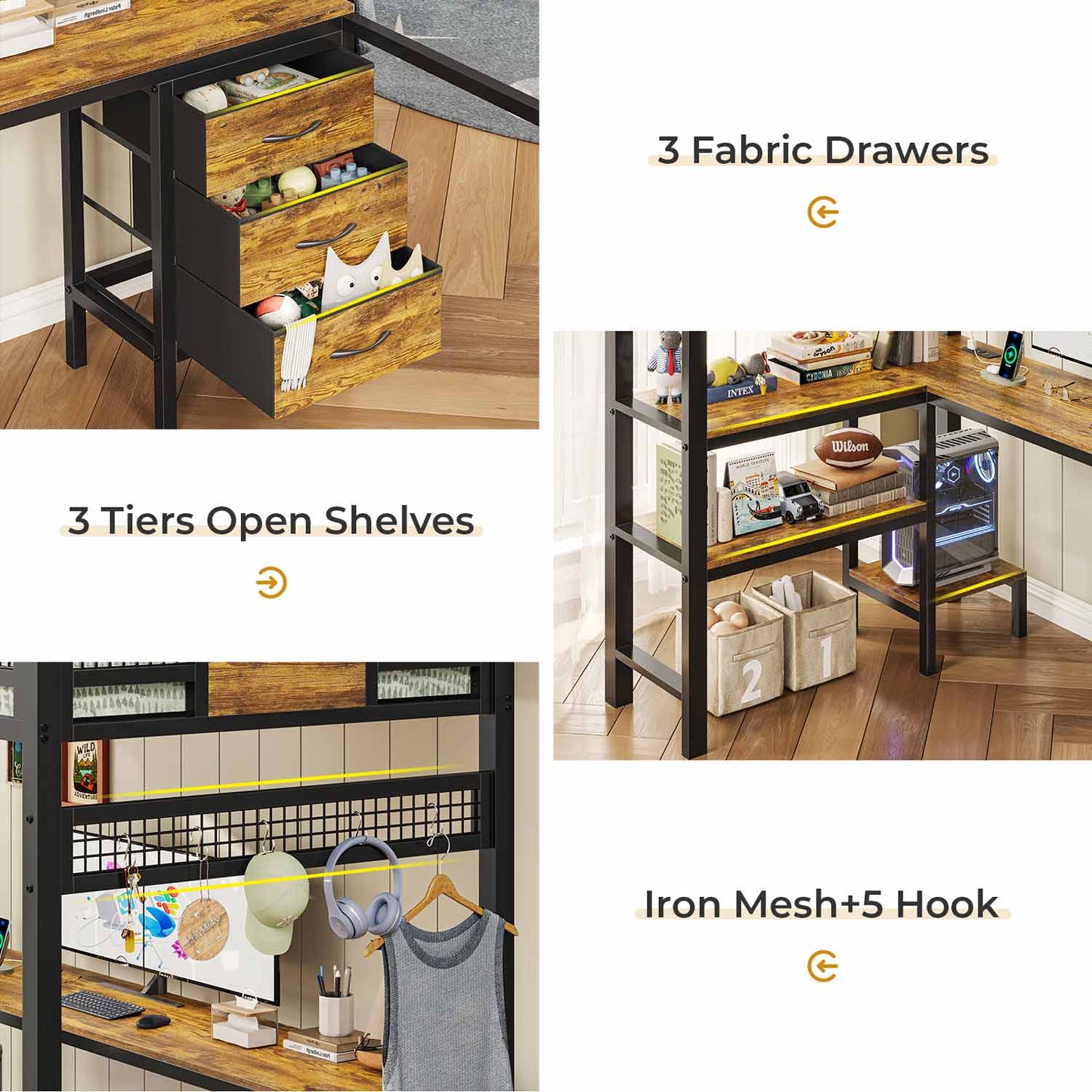 Twin Size Loft Bed Frame with L-Shaped Desk Black