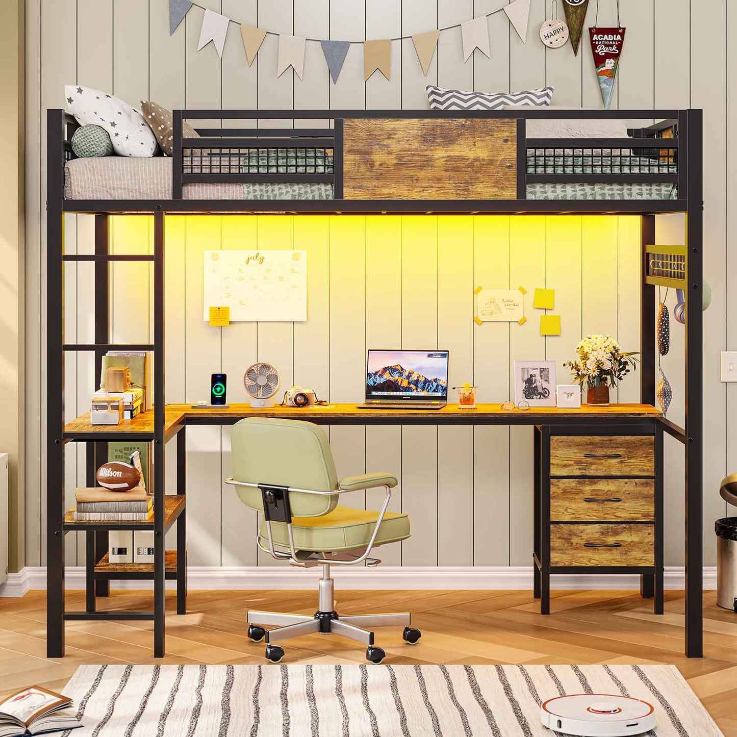 Twin Size Loft Bed Frame with L-Shaped Desk Black