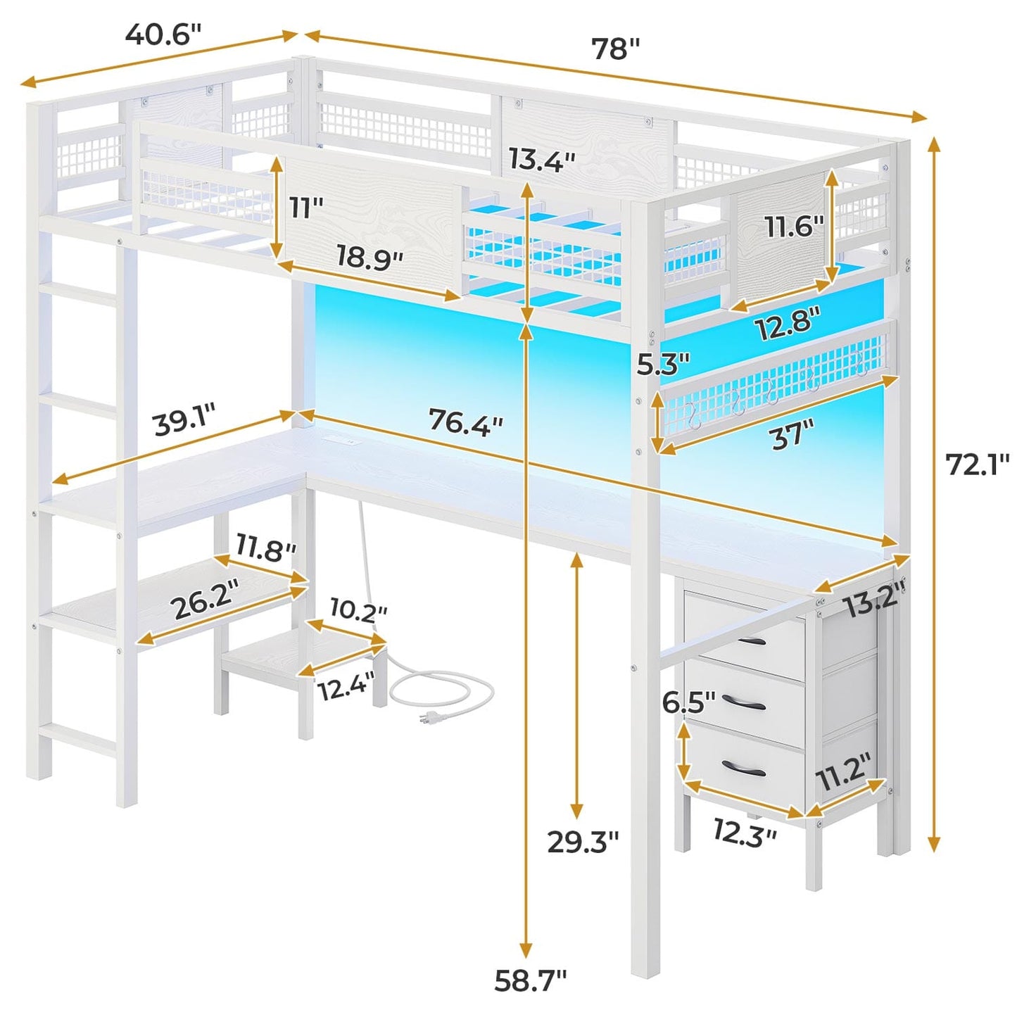 Twin Size Loft Bed Frame with L-Shaped Desk White