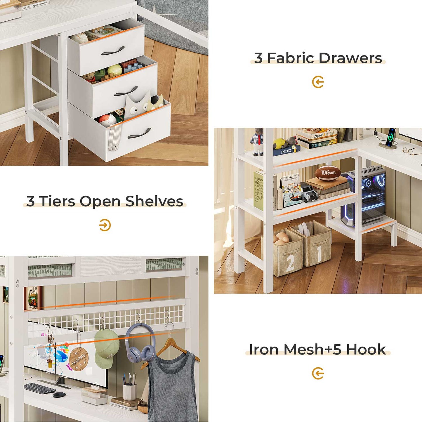 Twin Size Loft Bed Frame with L-Shaped Desk White