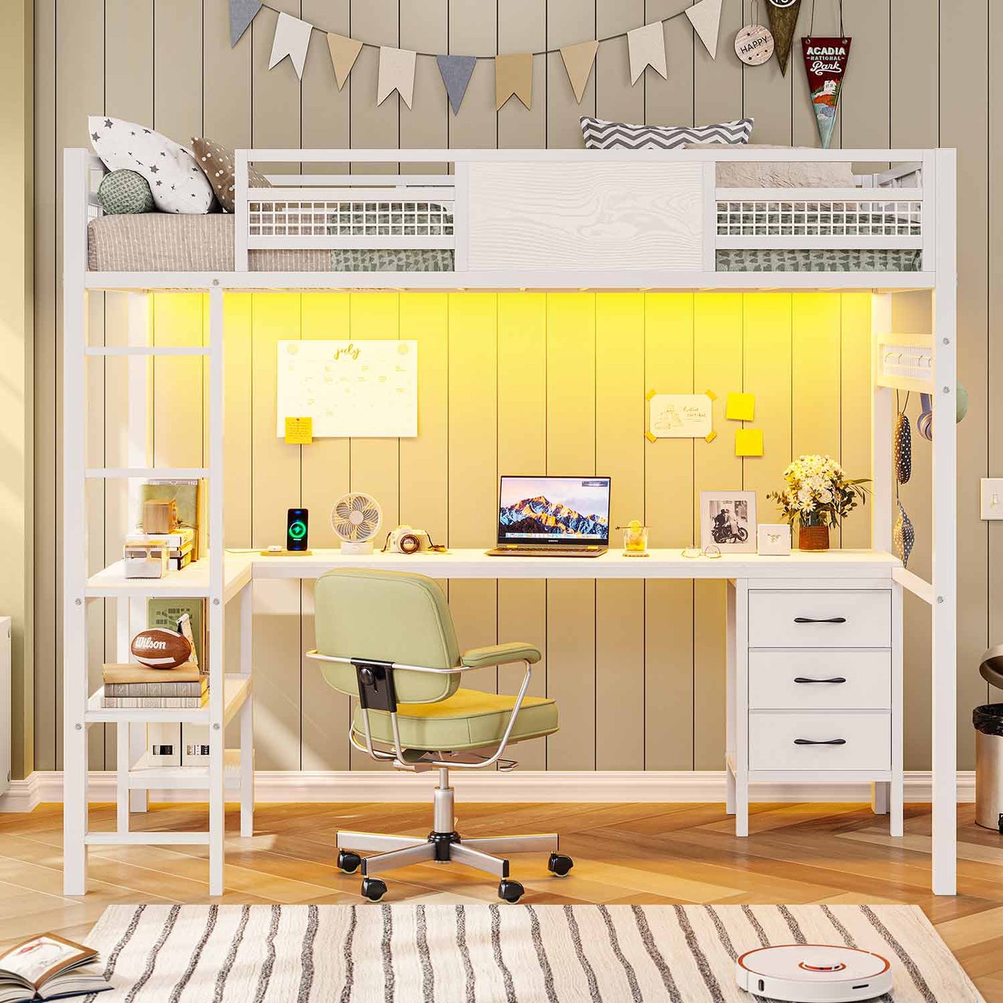 Twin Size Loft Bed Frame with L-Shaped Desk White