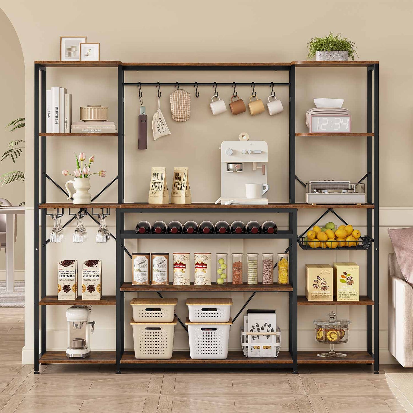 Coffee Bar with Power Outlet Storage Shelves Brown