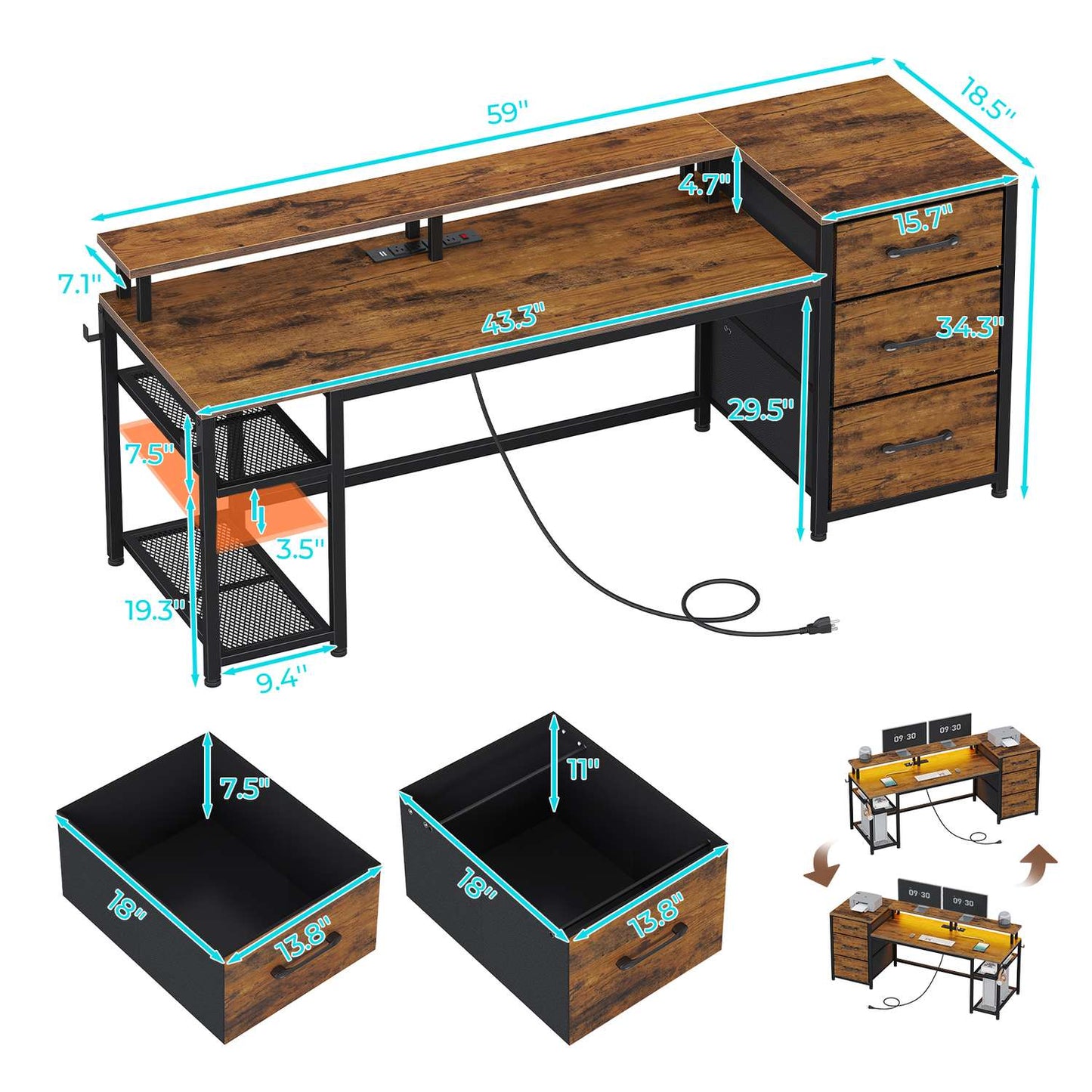 59 Inches Reversible LED Gaming Desk with File Drawers Brown