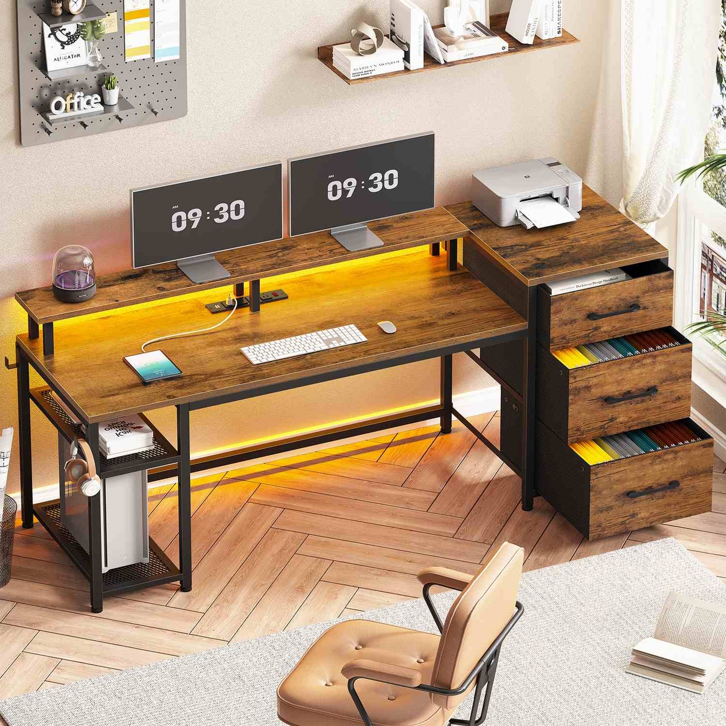 59 Inches Reversible LED Gaming Desk with File Drawers Brown
