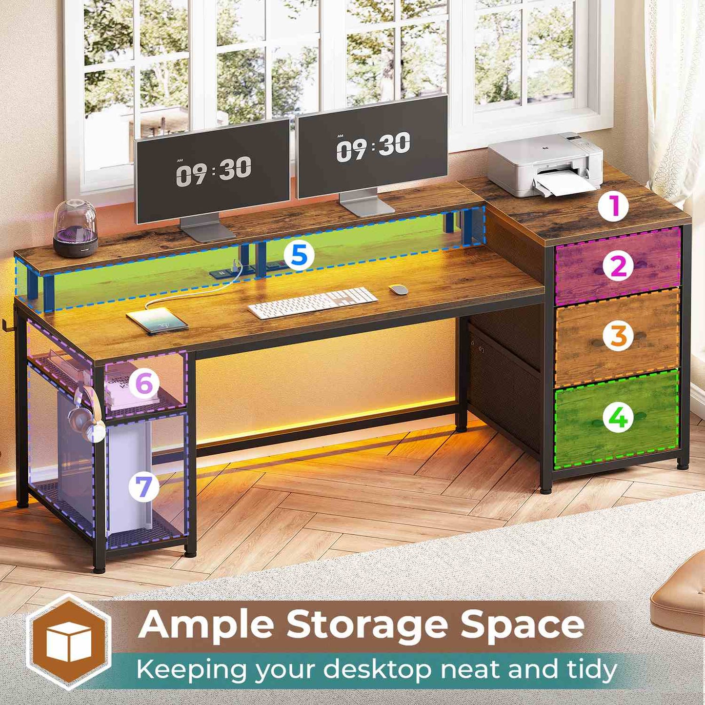 59 Inches Reversible LED Gaming Desk with File Drawers Brown