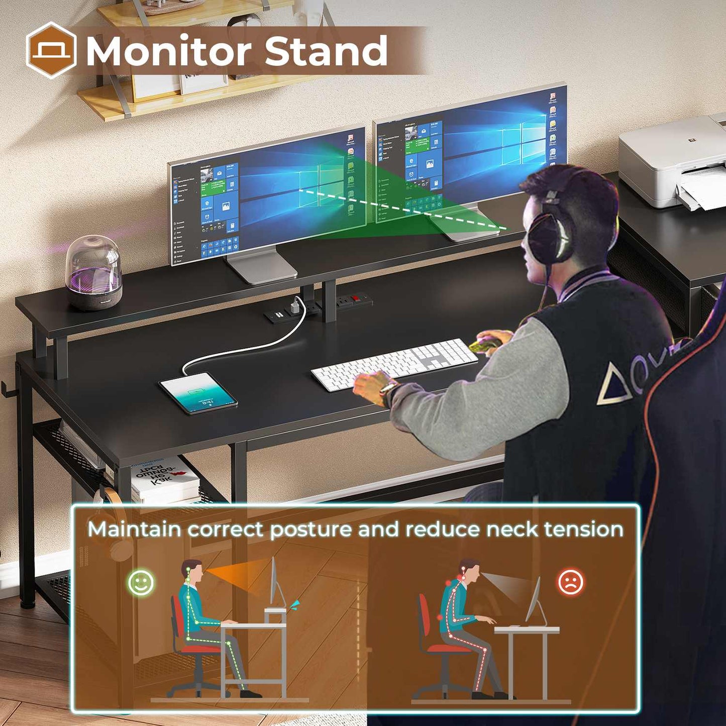 59 Inches Reversible LED Gaming Desk with File Drawers Black