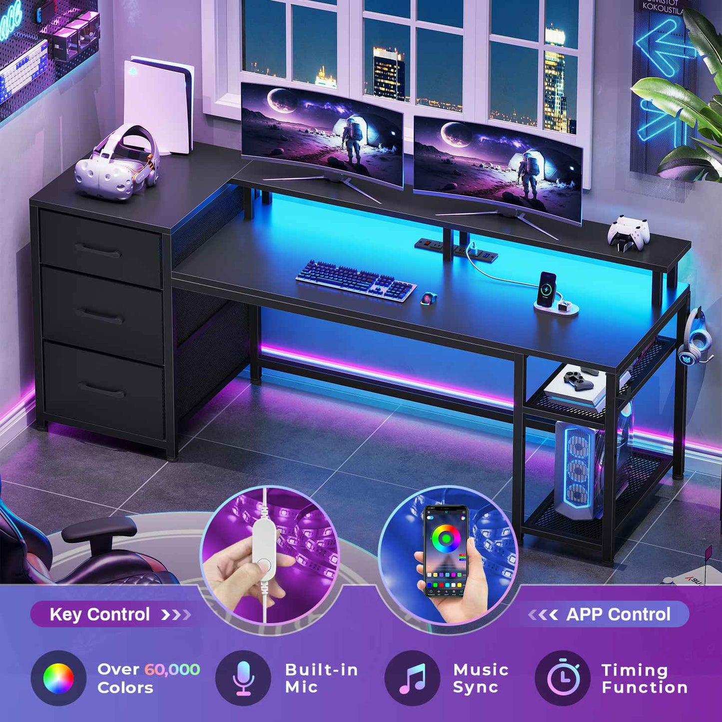 59 Inches Reversible LED Gaming Desk with File Drawers Black