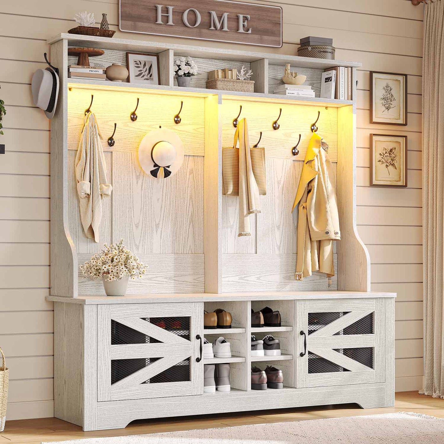 59.1 Inches 5-in-1 Hall Tree with 16 Shoe Cubbies Embossed White