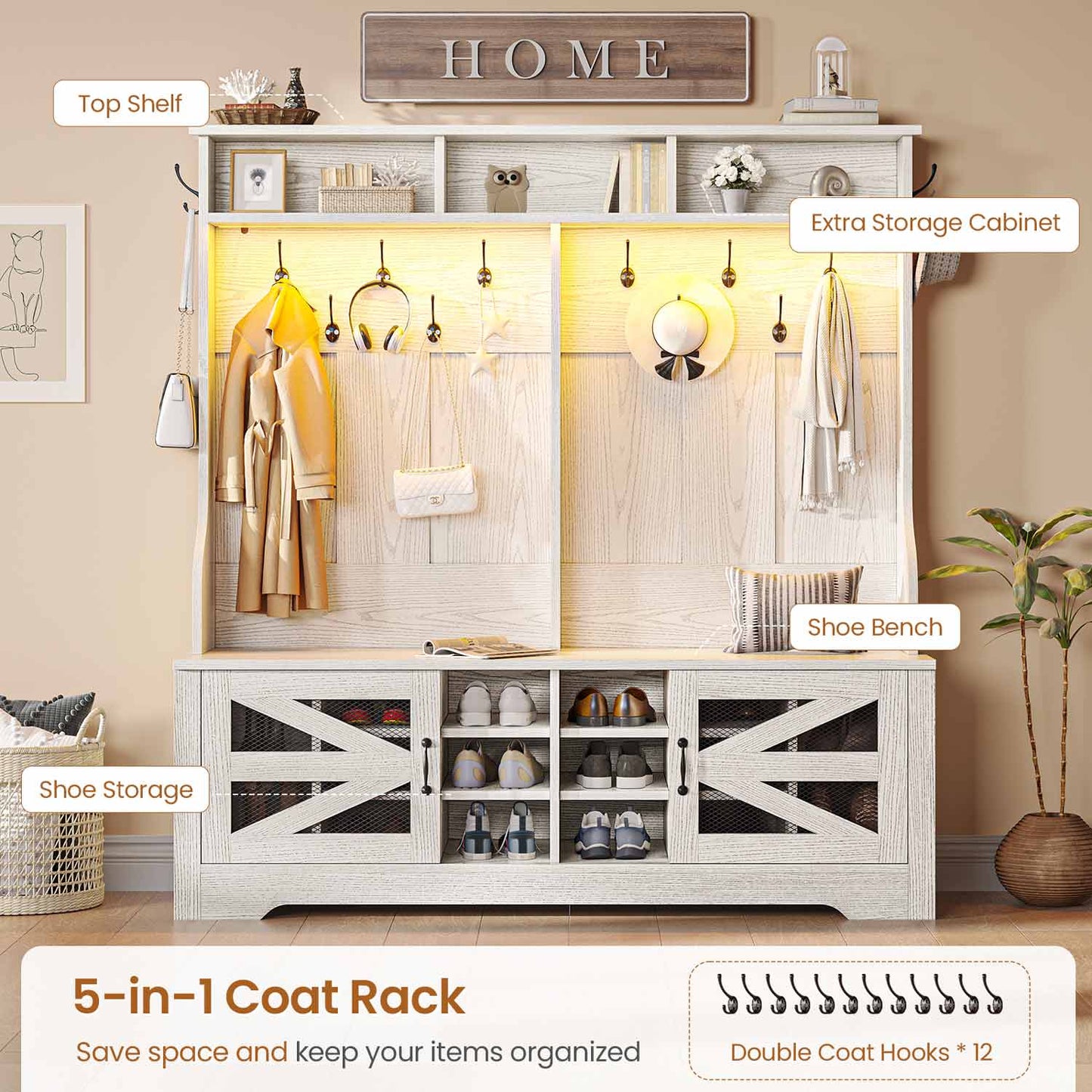 59.1 Inches 5-in-1 Hall Tree with 16 Shoe Cubbies Embossed White