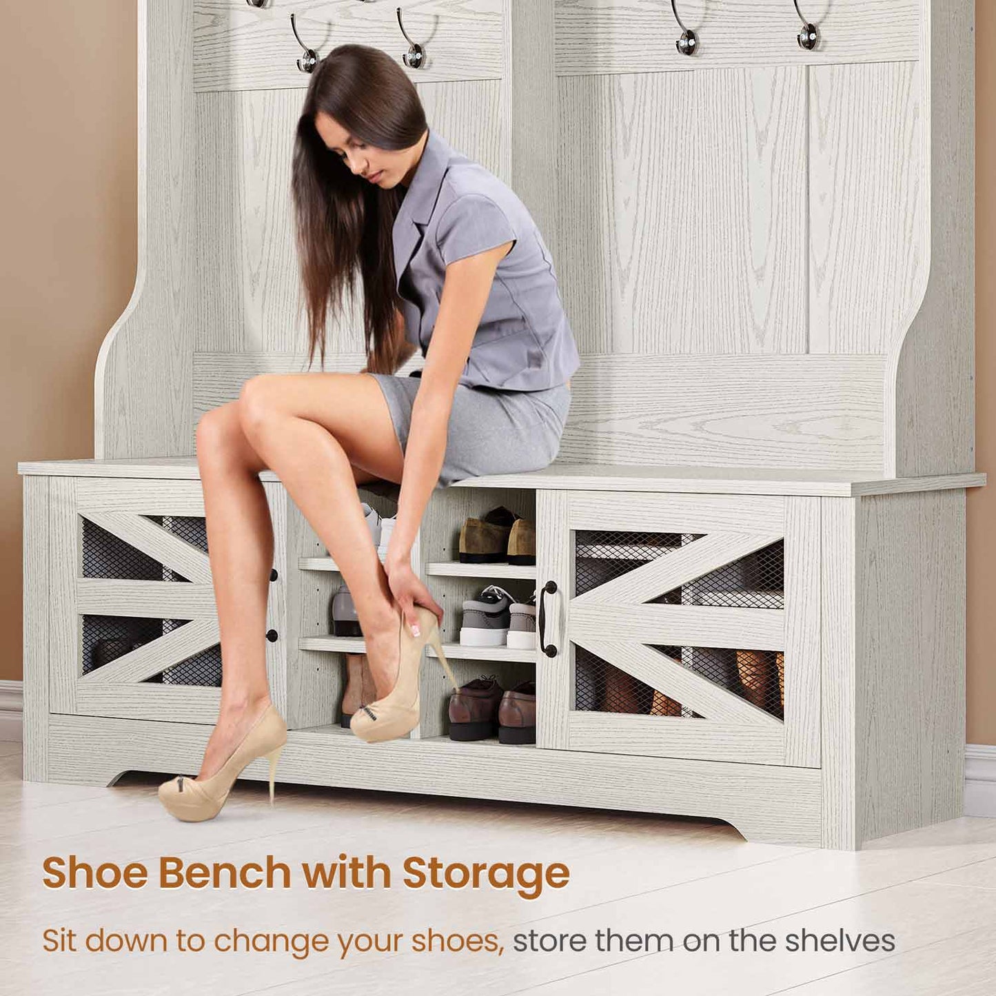 59.1 Inches 5-in-1 Hall Tree with 16 Shoe Cubbies Embossed White