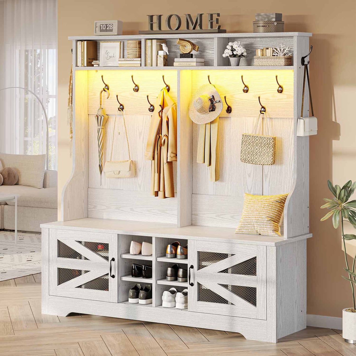 59.1 Inches 5-in-1 Hall Tree with 16 Shoe Cubbies Embossed White