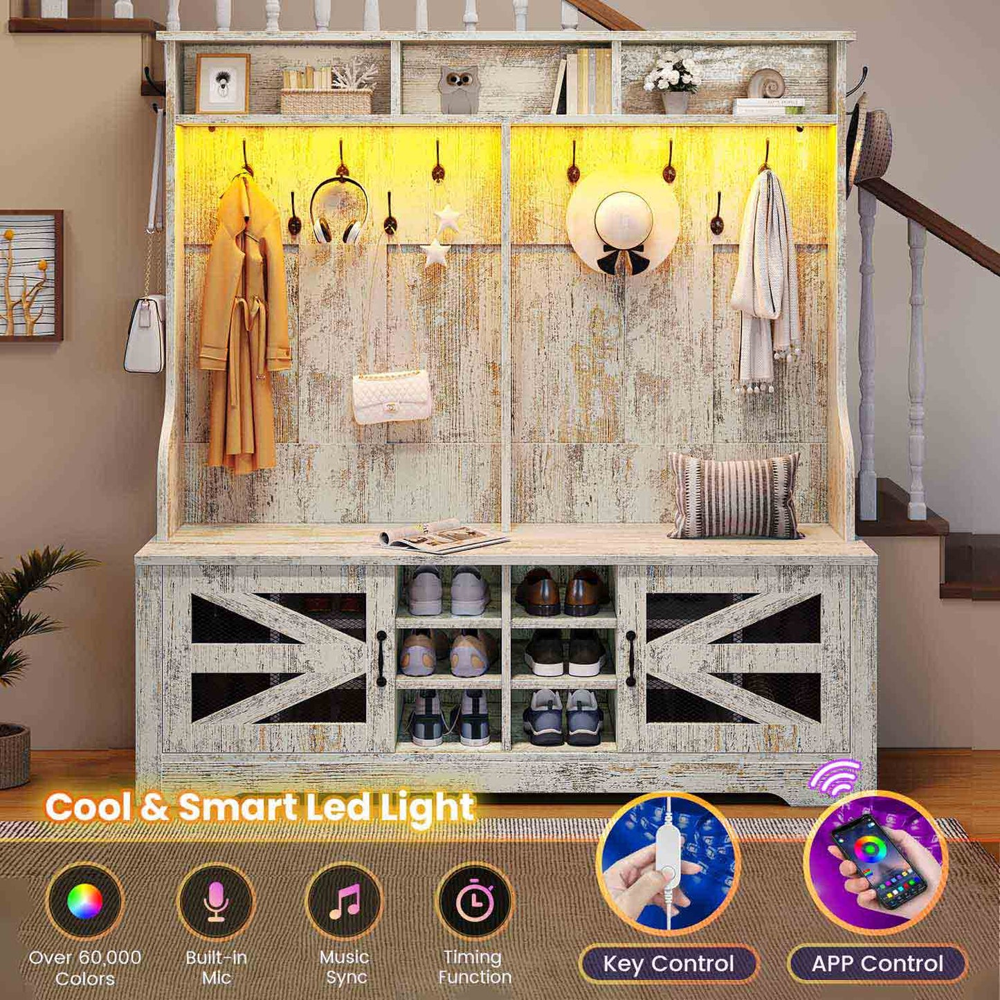 59.1 Inches 5-in-1 Hall Tree with 16 Shoe Cubbies Vintage White