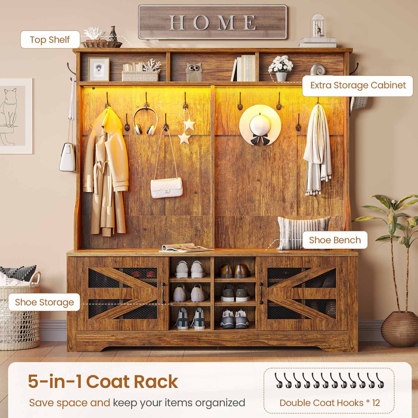 59.1 Inches 5-in-1 Hall Tree with 16 Shoe Cubbies Rustic Brown