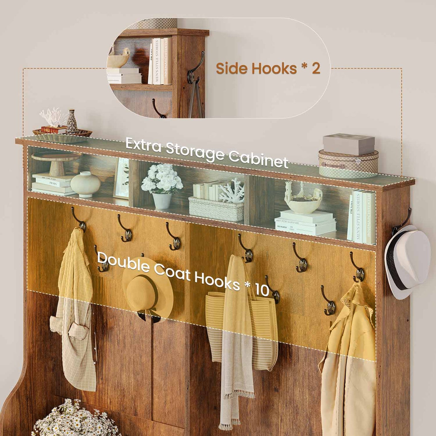 59.1 Inches 5-in-1 Hall Tree with 16 Shoe Cubbies Rustic Brown