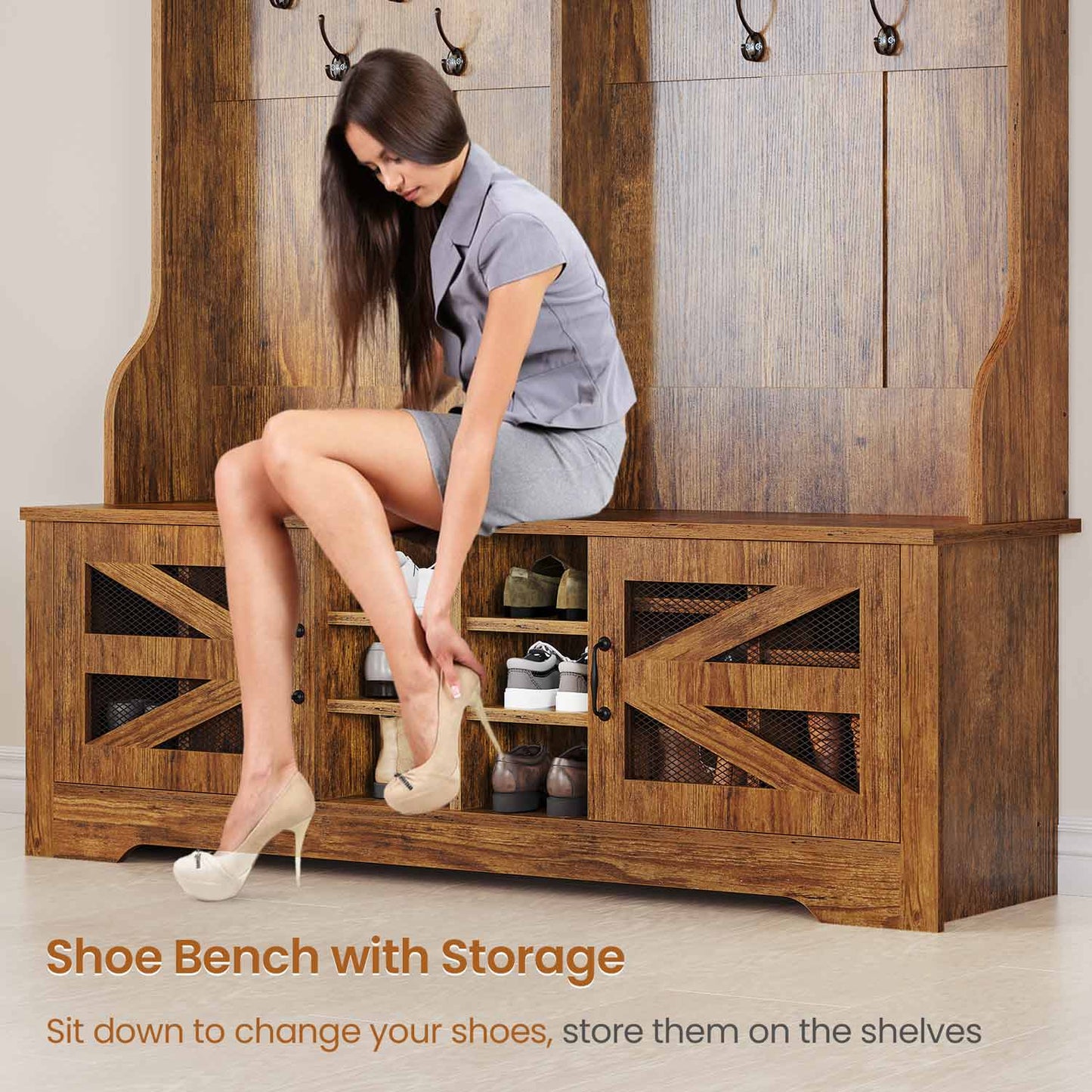 59.1 Inches 5-in-1 Hall Tree with 16 Shoe Cubbies Rustic Brown