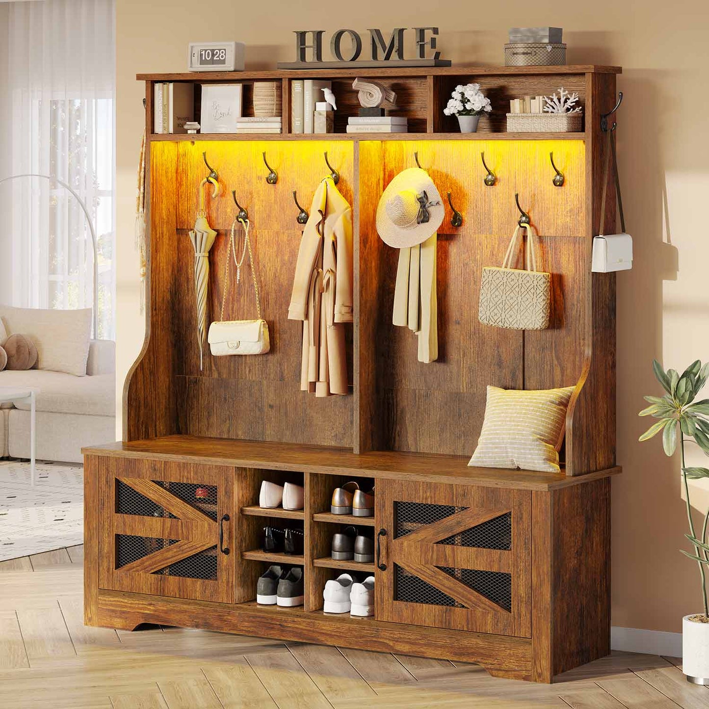 59.1 Inches 5-in-1 Hall Tree with 16 Shoe Cubbies Rustic Brown