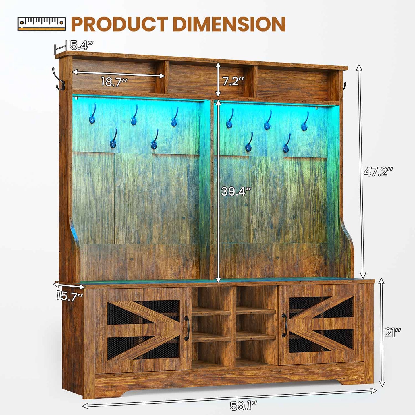 59.1 Inches 5-in-1 Hall Tree with 16 Shoe Cubbies Rustic Brown
