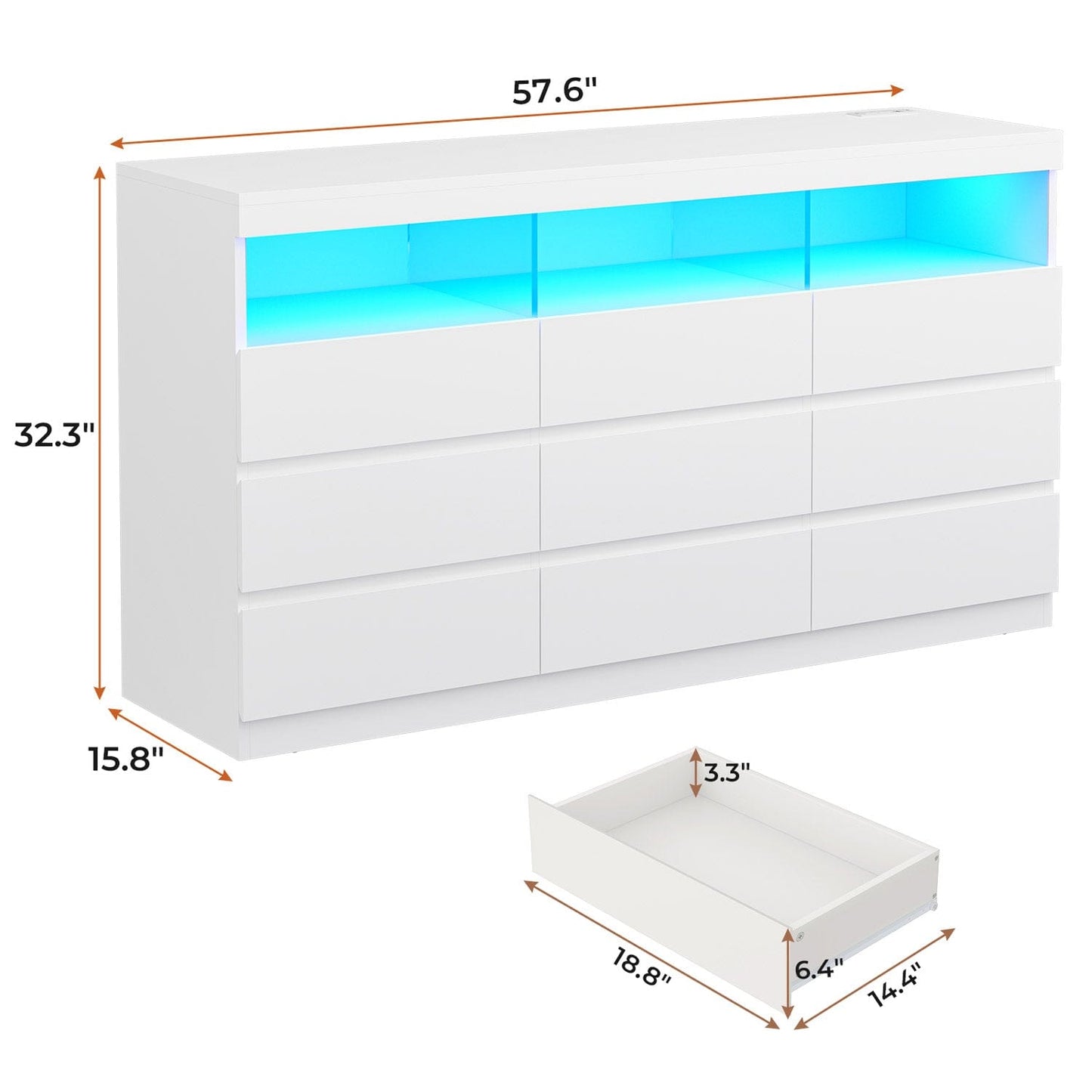 LED Wide Dresser with 9 No-Handle Drawers White