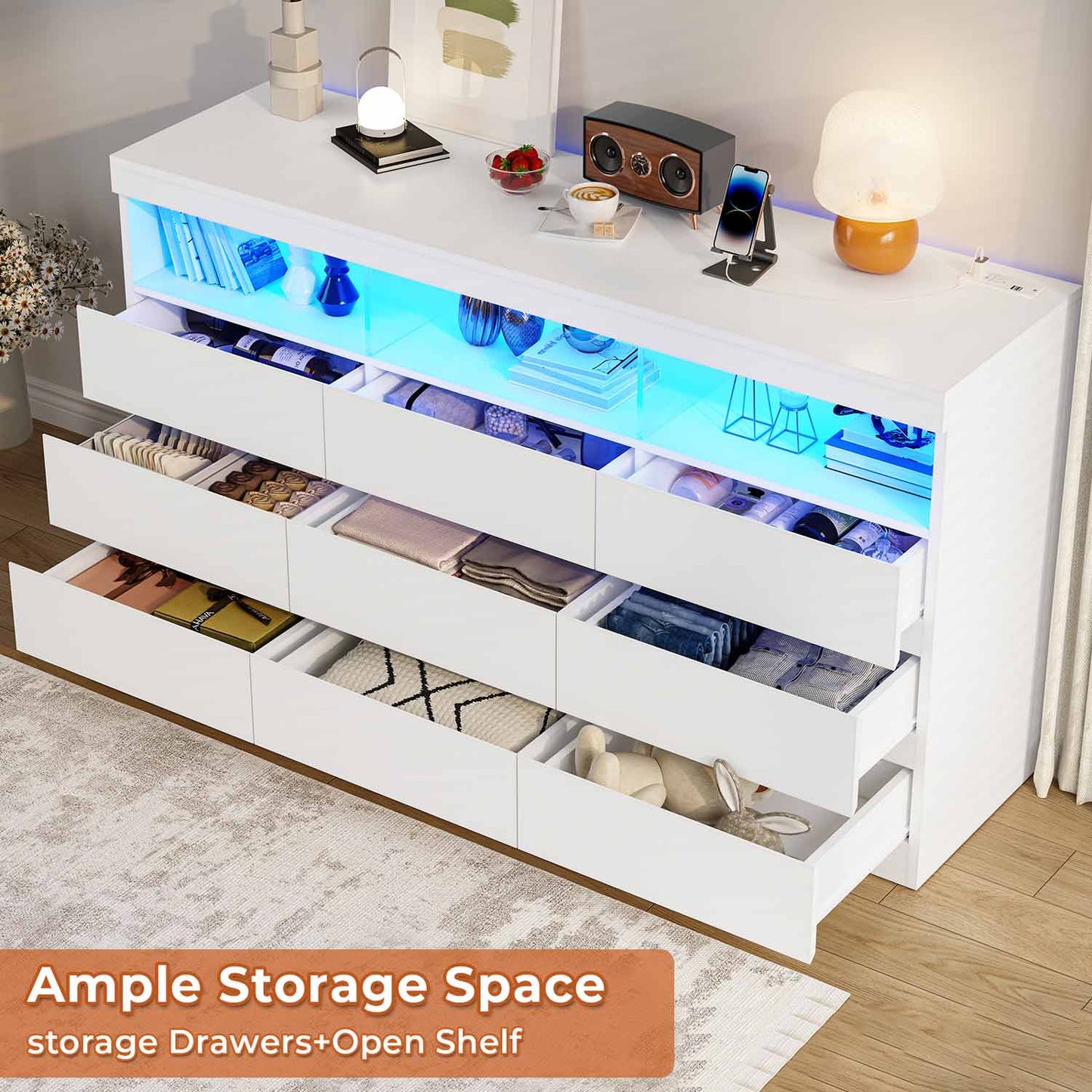 LED Wide Dresser with 9 No-Handle Drawers White