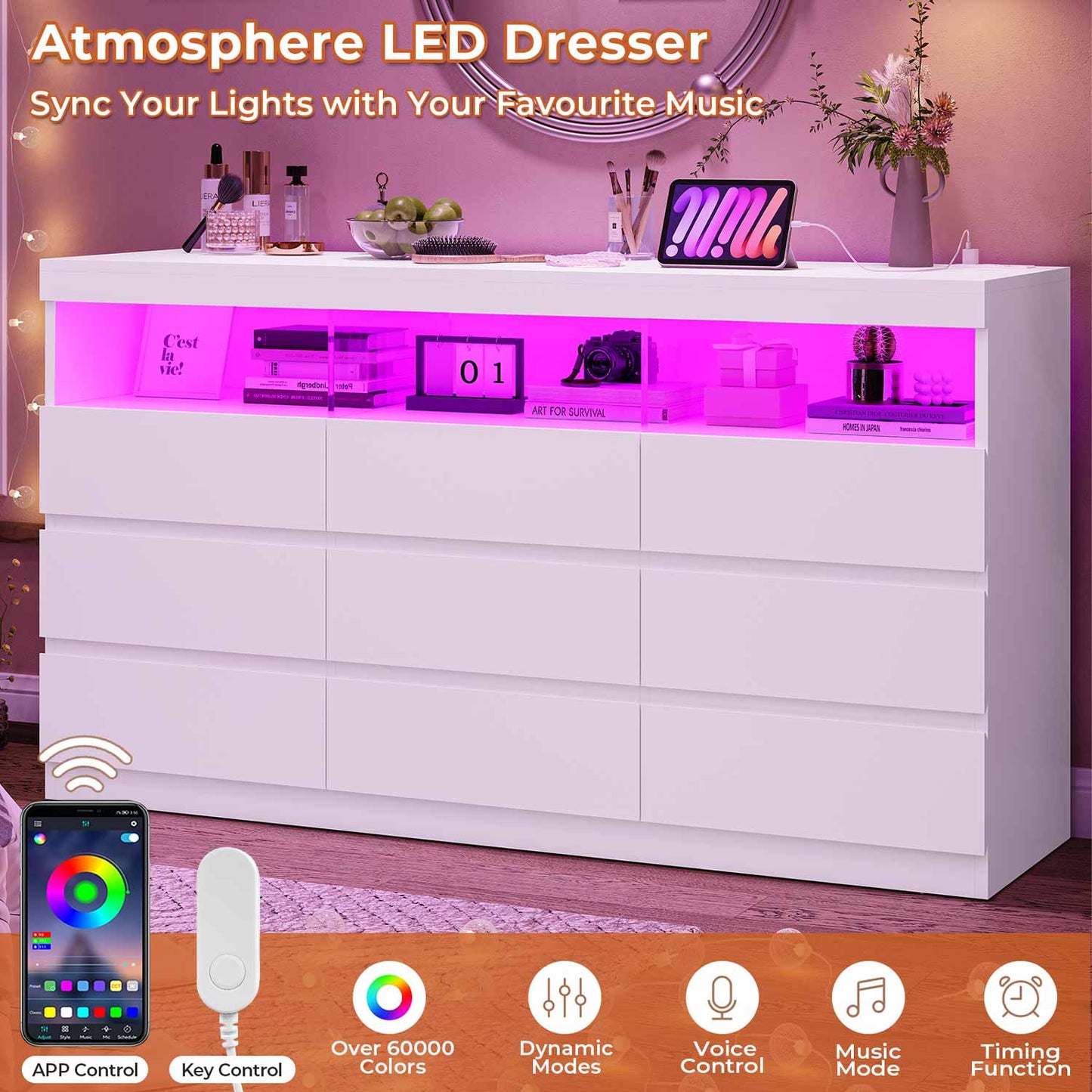 LED Wide Dresser with 9 No-Handle Drawers White