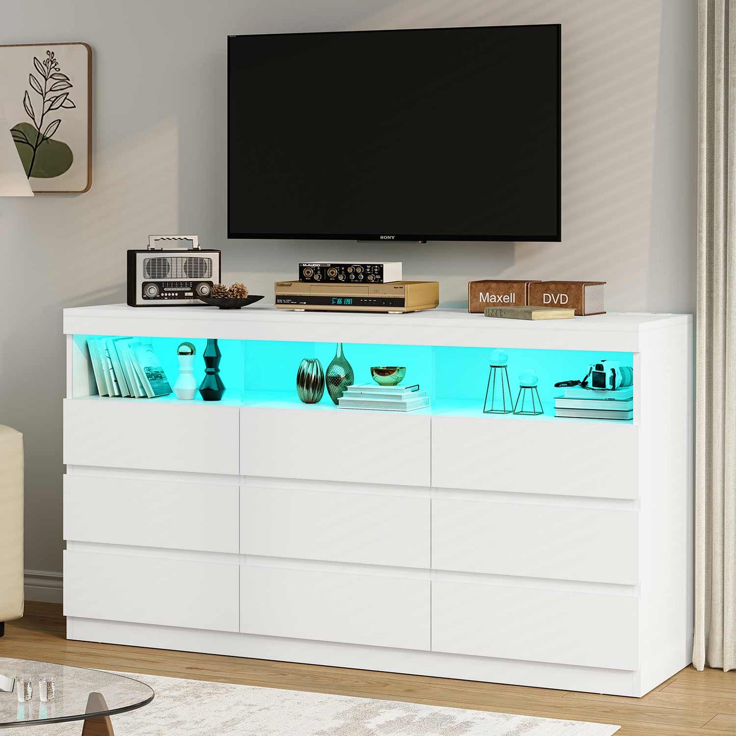 LED Wide Dresser with 9 No-Handle Drawers White