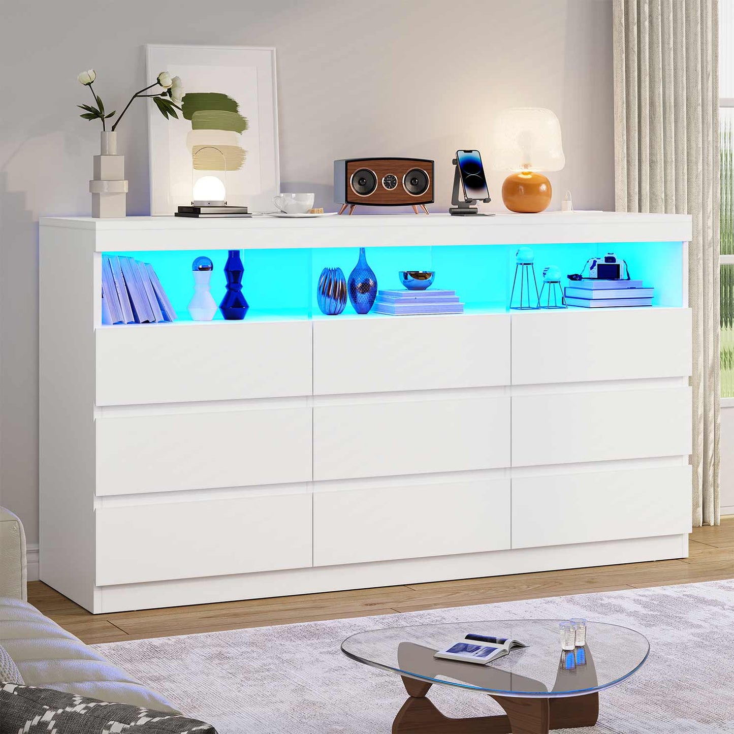 LED Wide Dresser with 9 No-Handle Drawers White