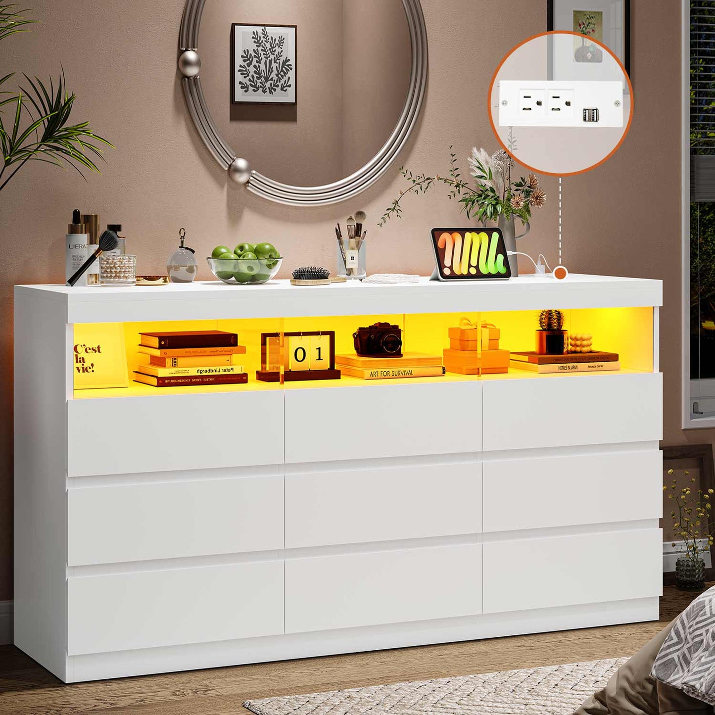 LED Wide Dresser with 9 No-Handle Drawers White