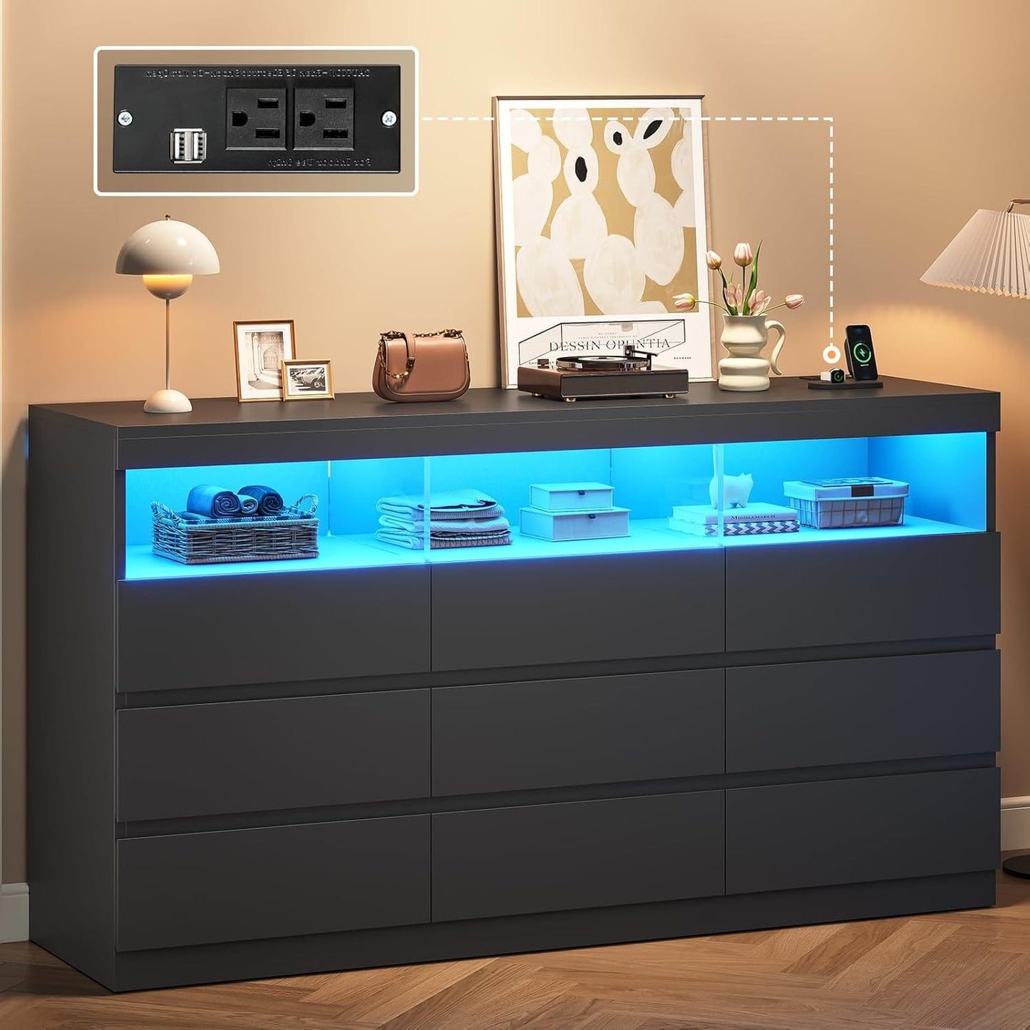 LED Wide Dresser with 9 No-Handle Drawers Black
