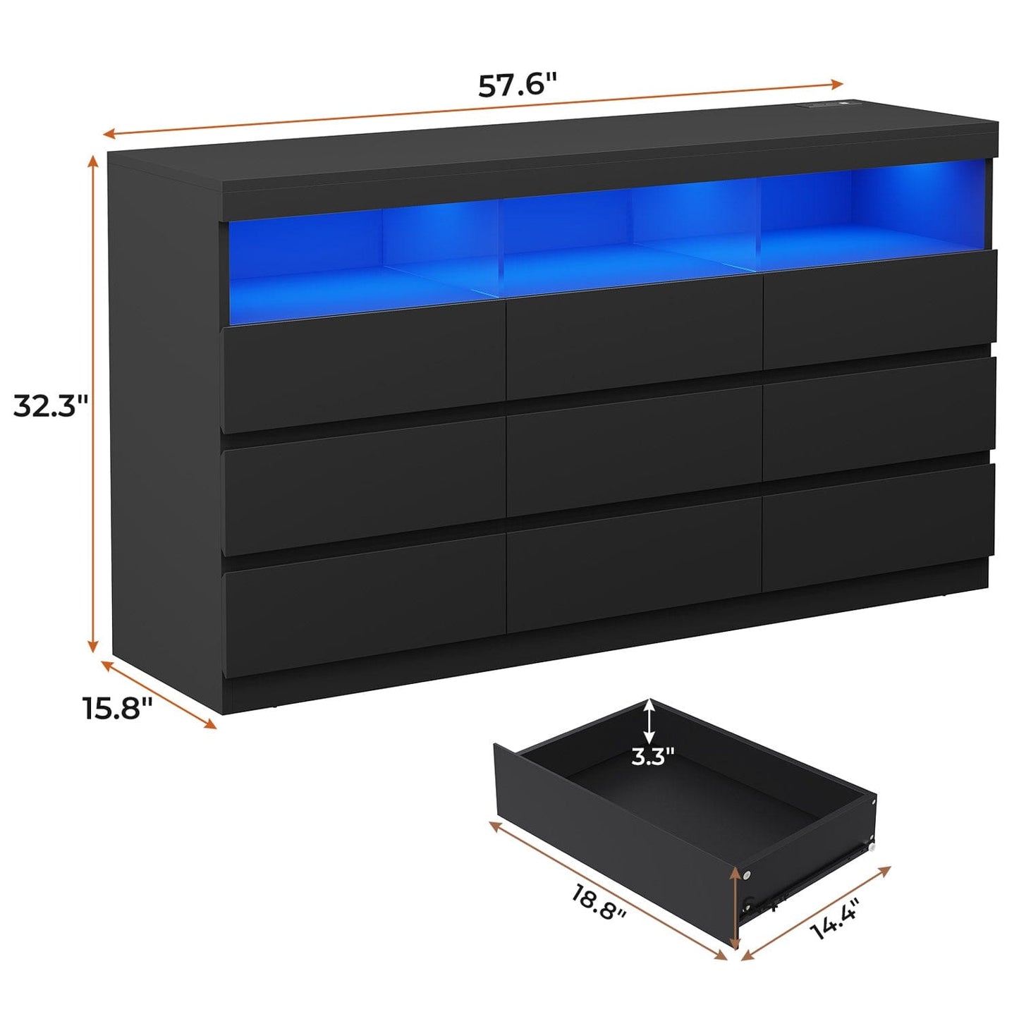 LED Wide Dresser with 9 No-Handle Drawers Black