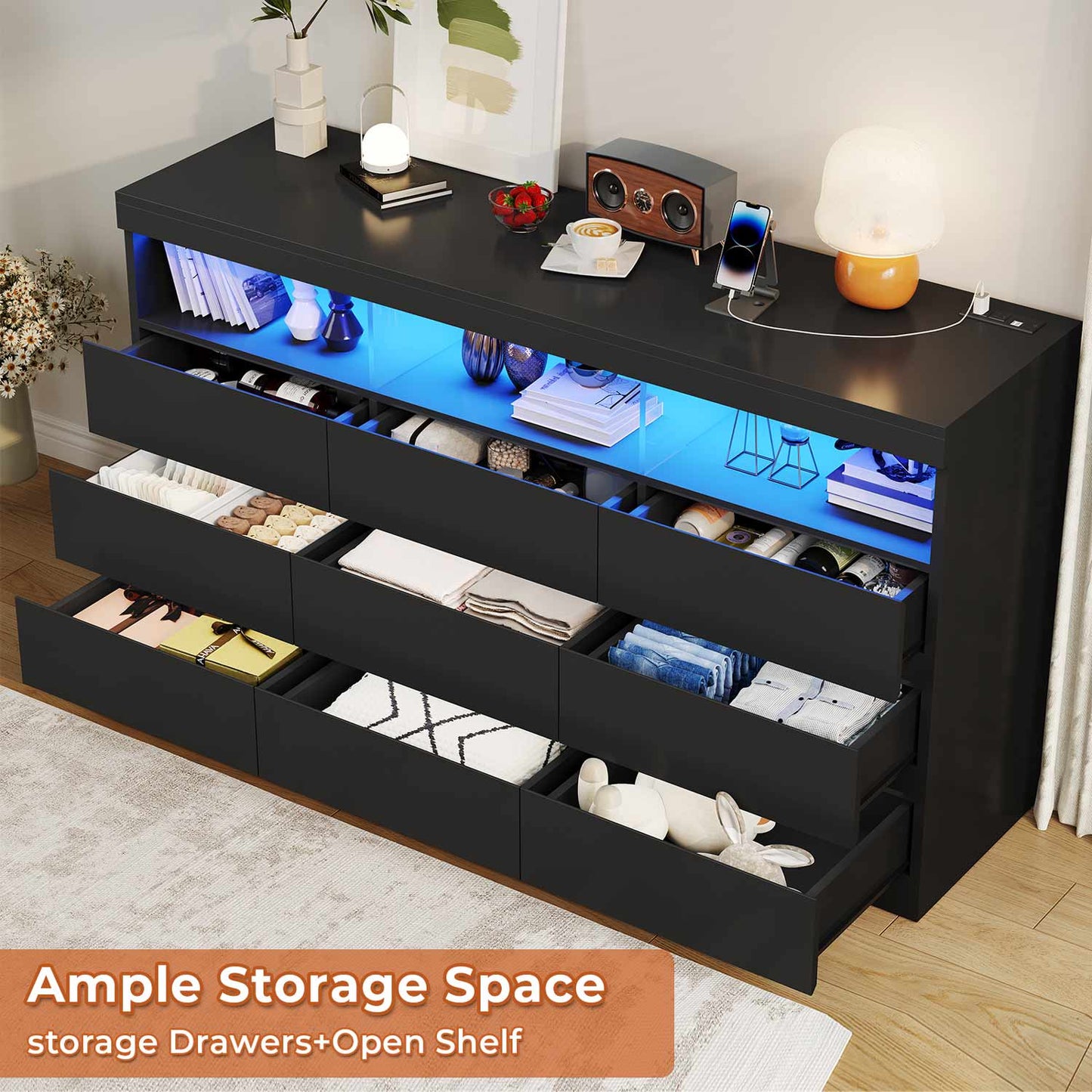 LED Wide Dresser with 9 No-Handle Drawers Black