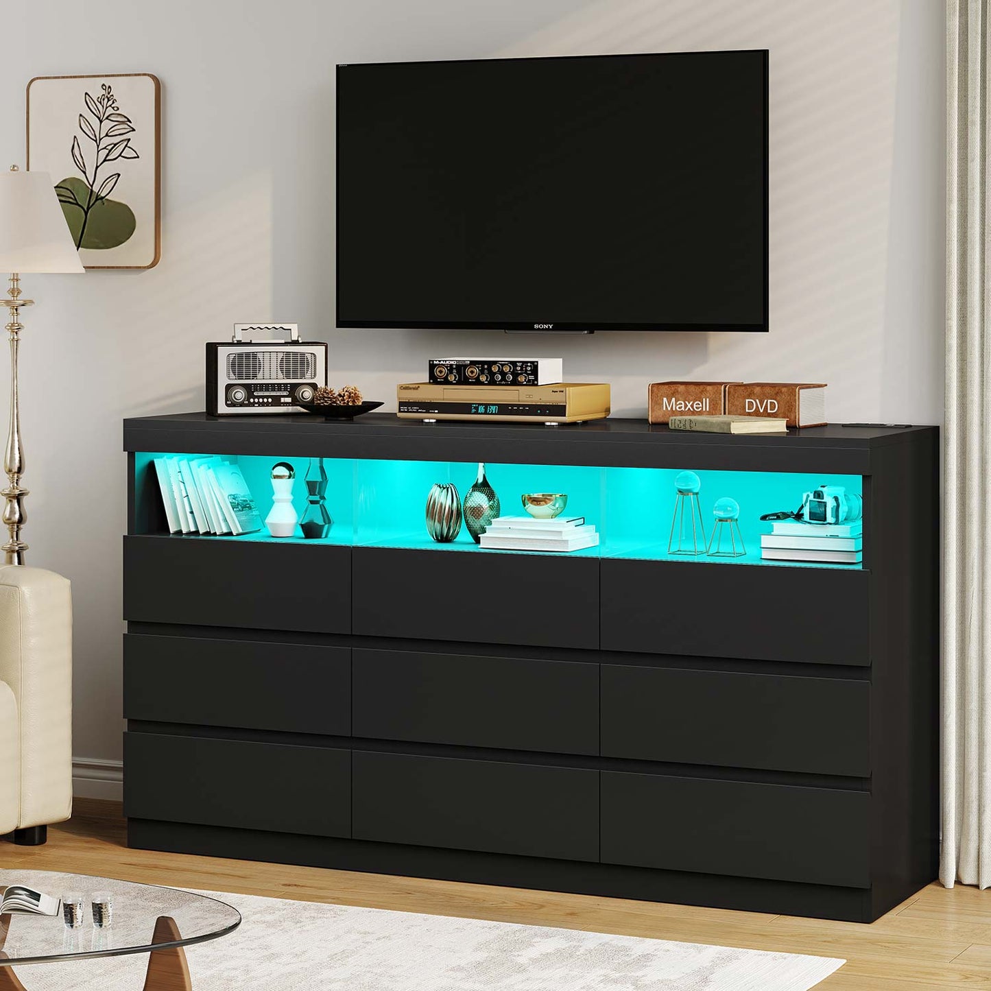 LED Wide Dresser with 9 No-Handle Drawers Black