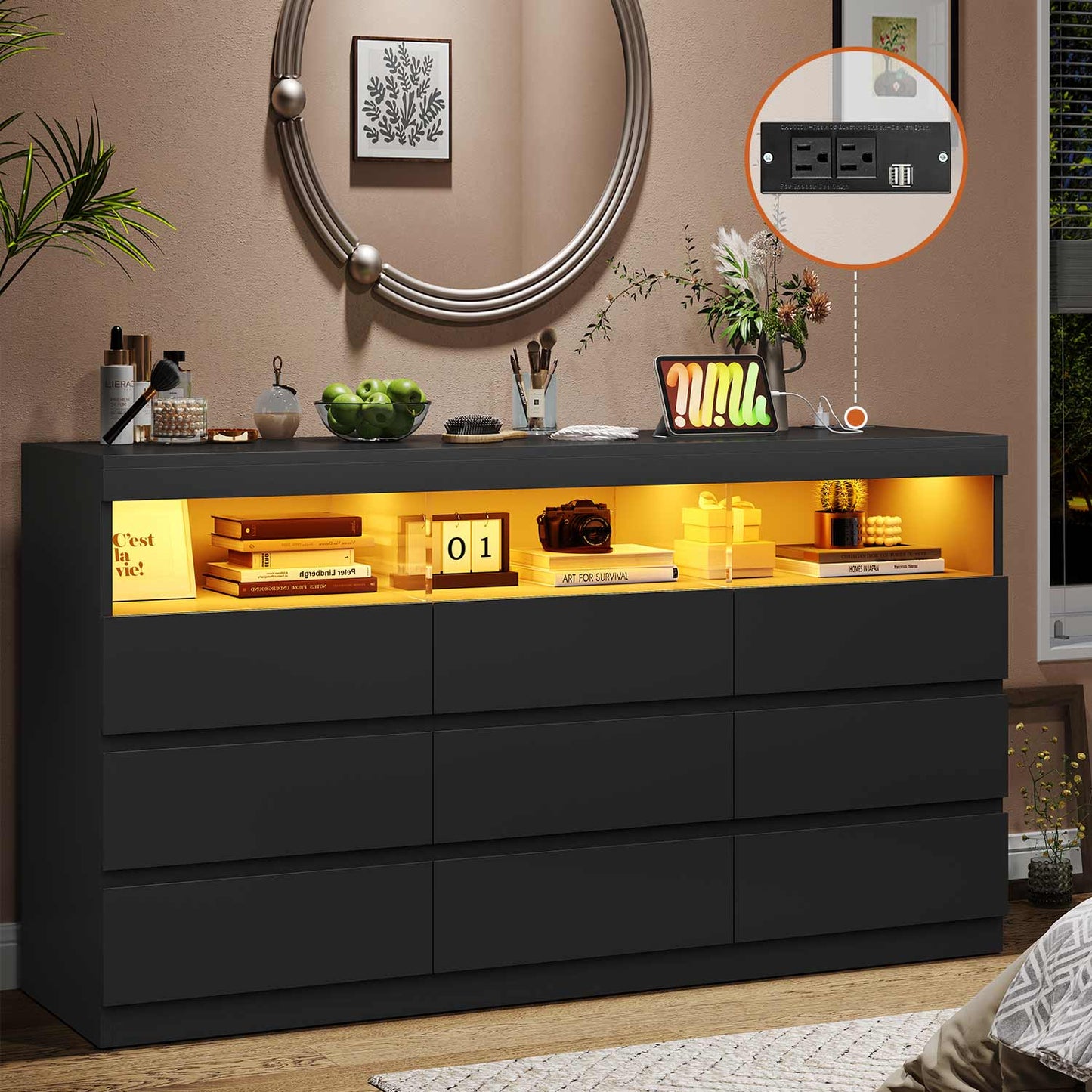 LED Wide Dresser with 9 No-Handle Drawers Black