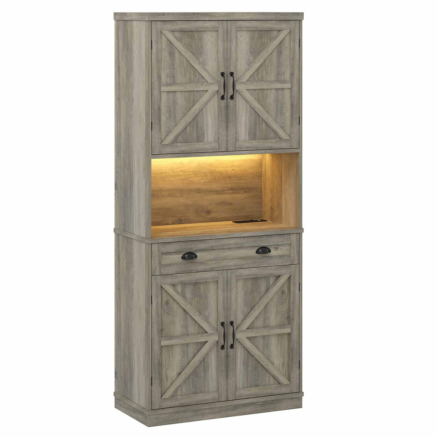 72.6 Inches Kitchen Pantry Cabinet with LED Lights Grey