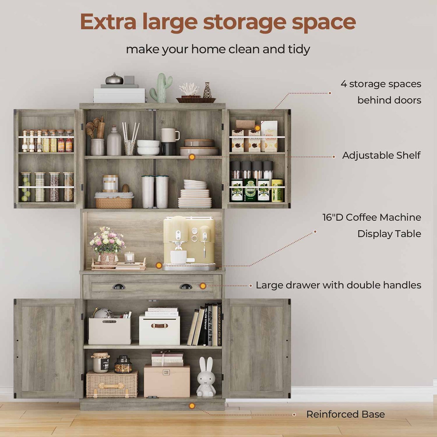 72.6 Inches Kitchen Pantry Cabinet with LED Lights Grey