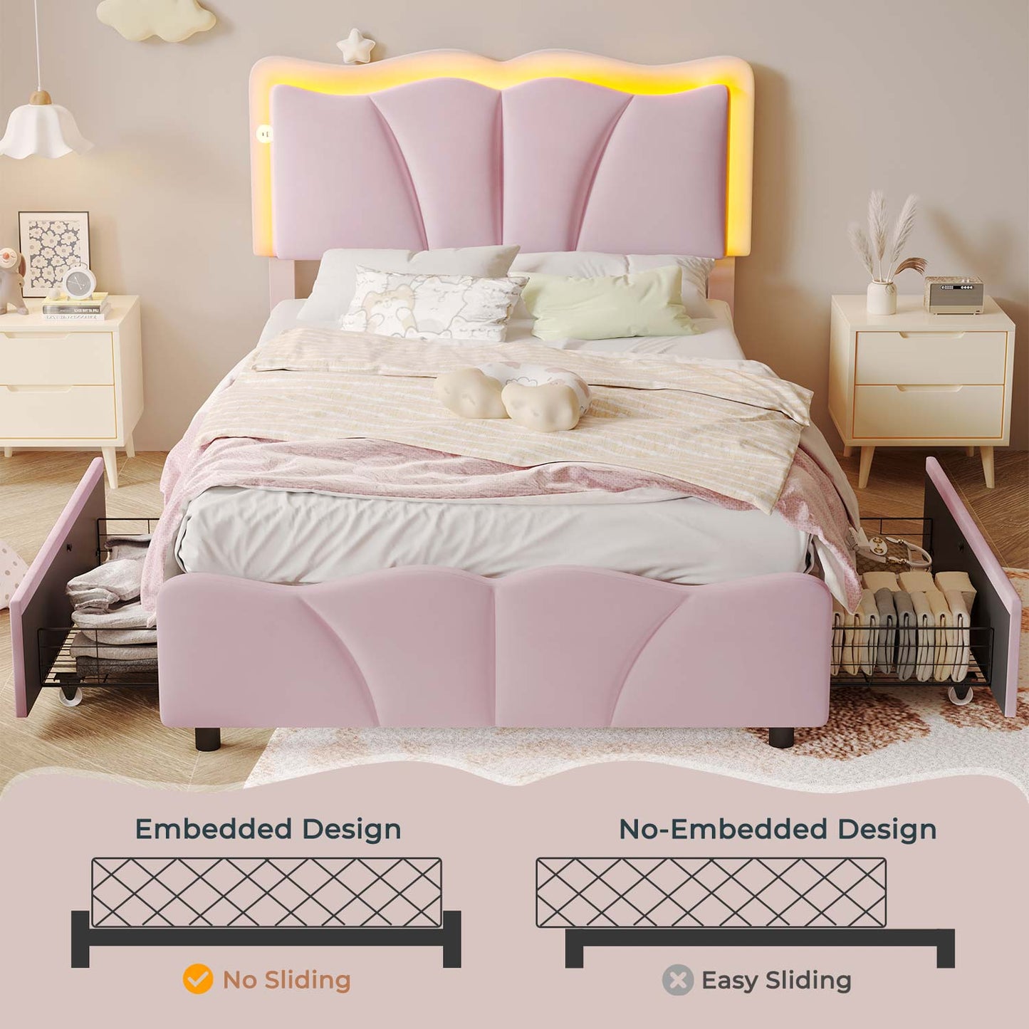 Twin Size Velvet Upholstered LED Bed Frame Pink