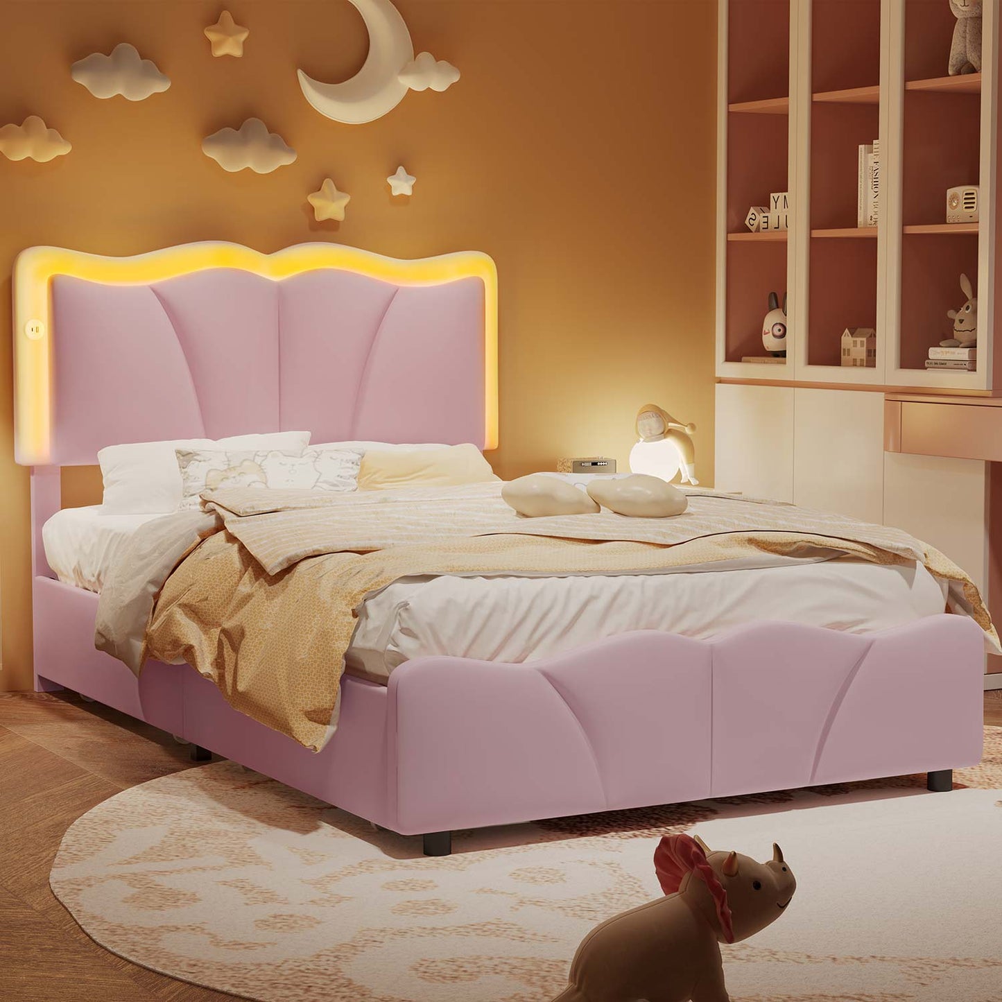 Twin Size Velvet Upholstered LED Bed Frame Pink