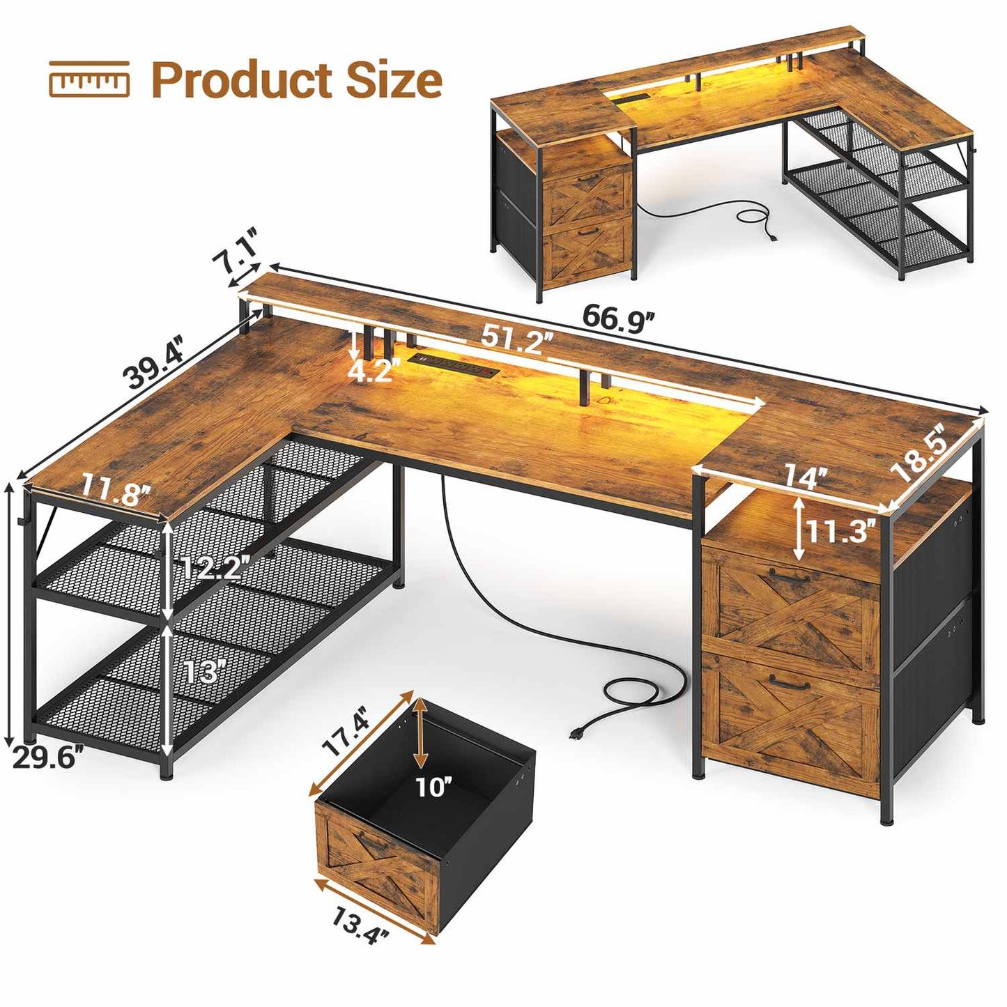 67 Inches Reversible LED Gaming Desk Brown