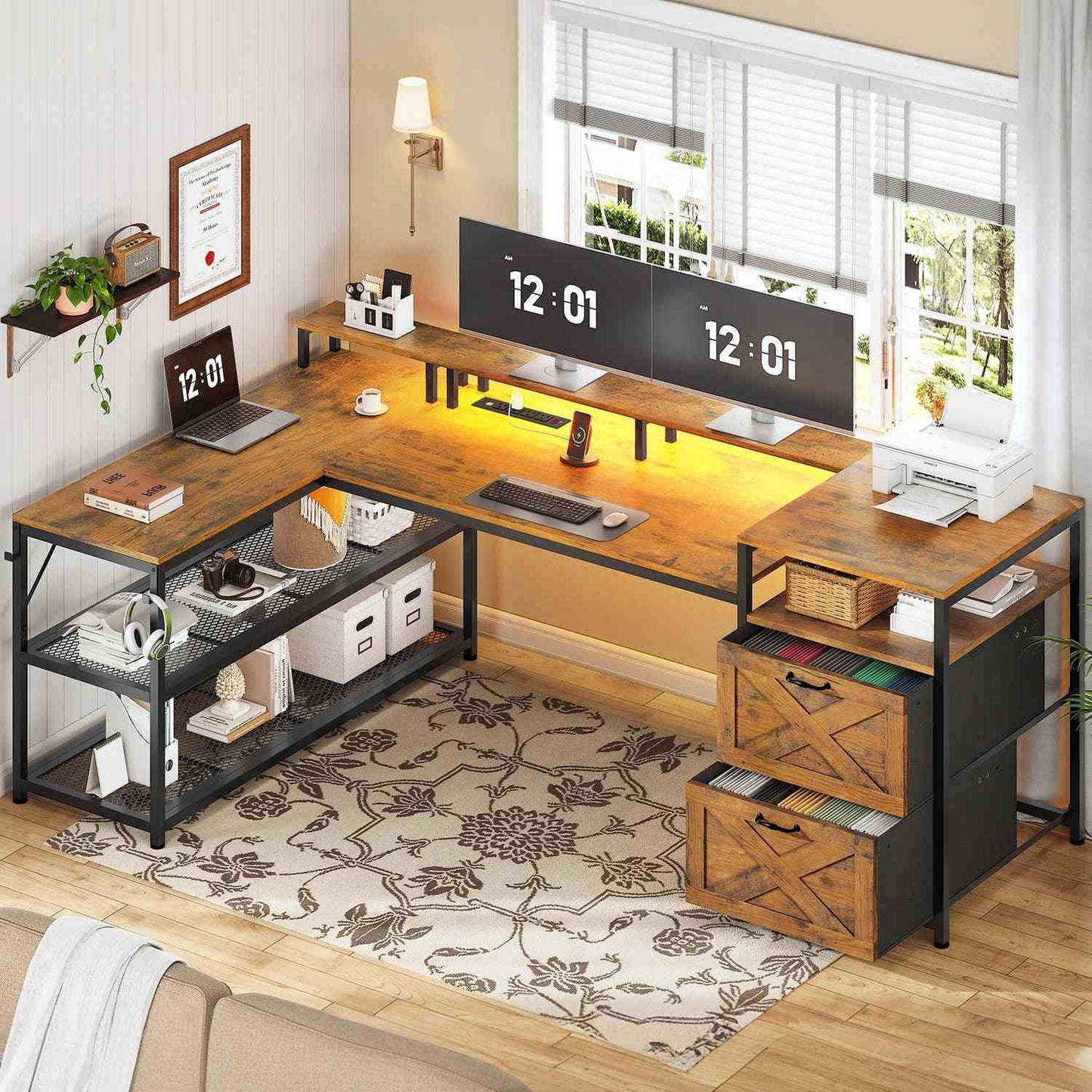 67 Inches Reversible LED Gaming Desk Brown