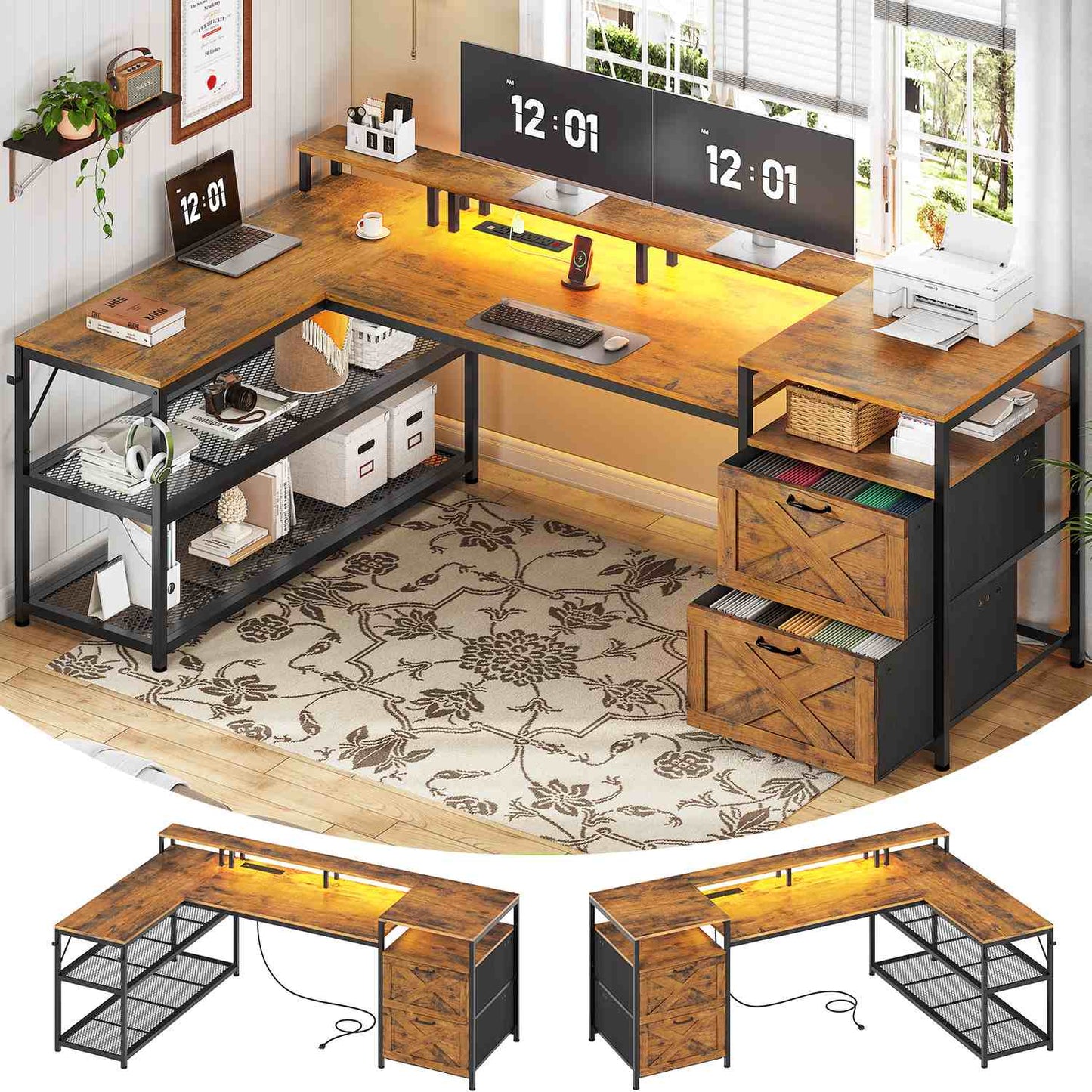 67 Inches Reversible LED Gaming Desk Brown