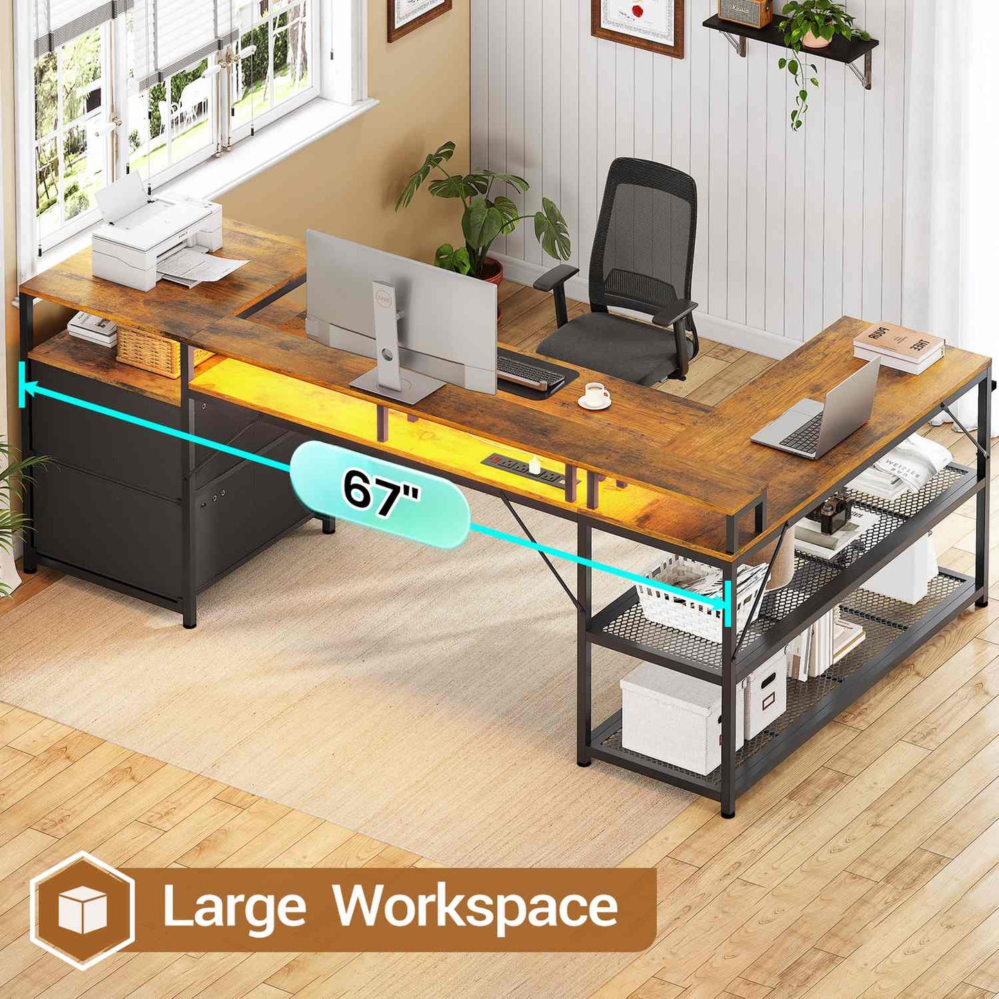 67 Inches Reversible LED Gaming Desk Brown