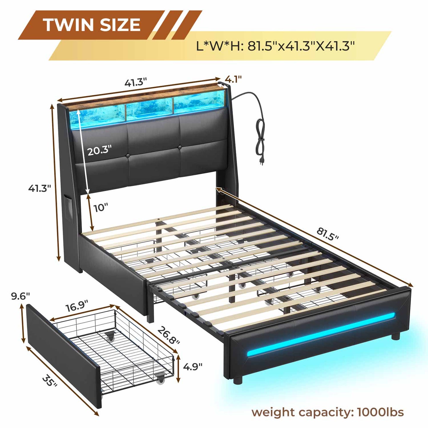 Twin Size LED Bed Frame with 4 Storage Drawers Black