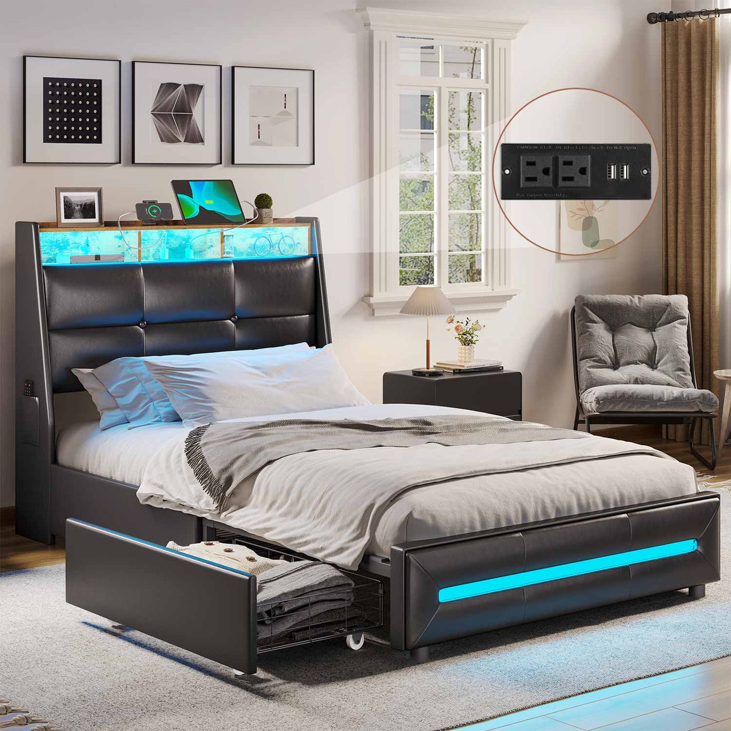Twin Size LED Bed Frame with 4 Storage Drawers Black