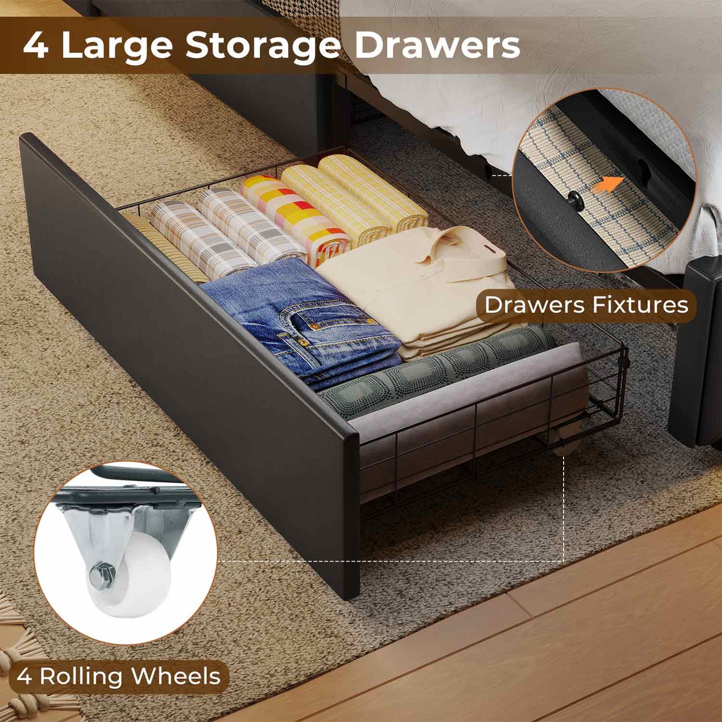Twin Size LED Bed Frame with 4 Storage Drawers Black