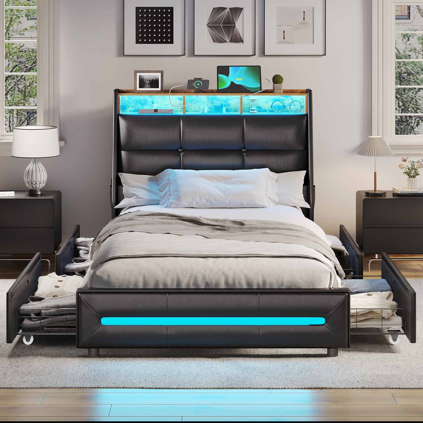 Twin Size LED Bed Frame with 4 Storage Drawers Black