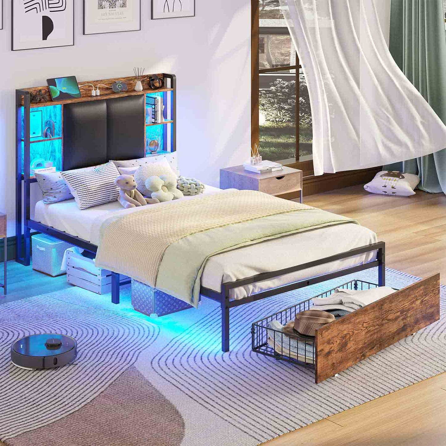 Twin Size LED Bed Frame with Storage Headboard Black