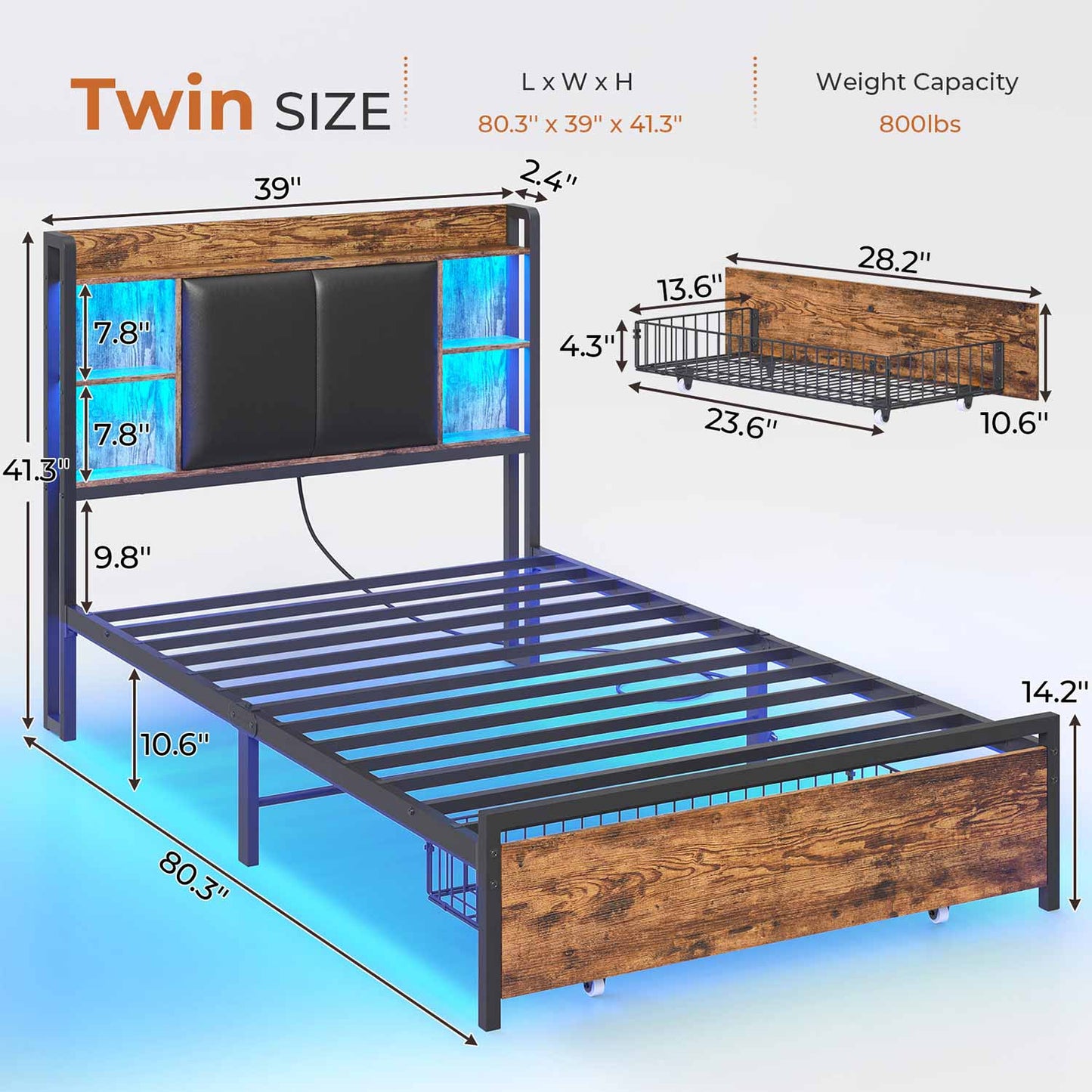 Twin Size LED Bed Frame with Storage Headboard Black