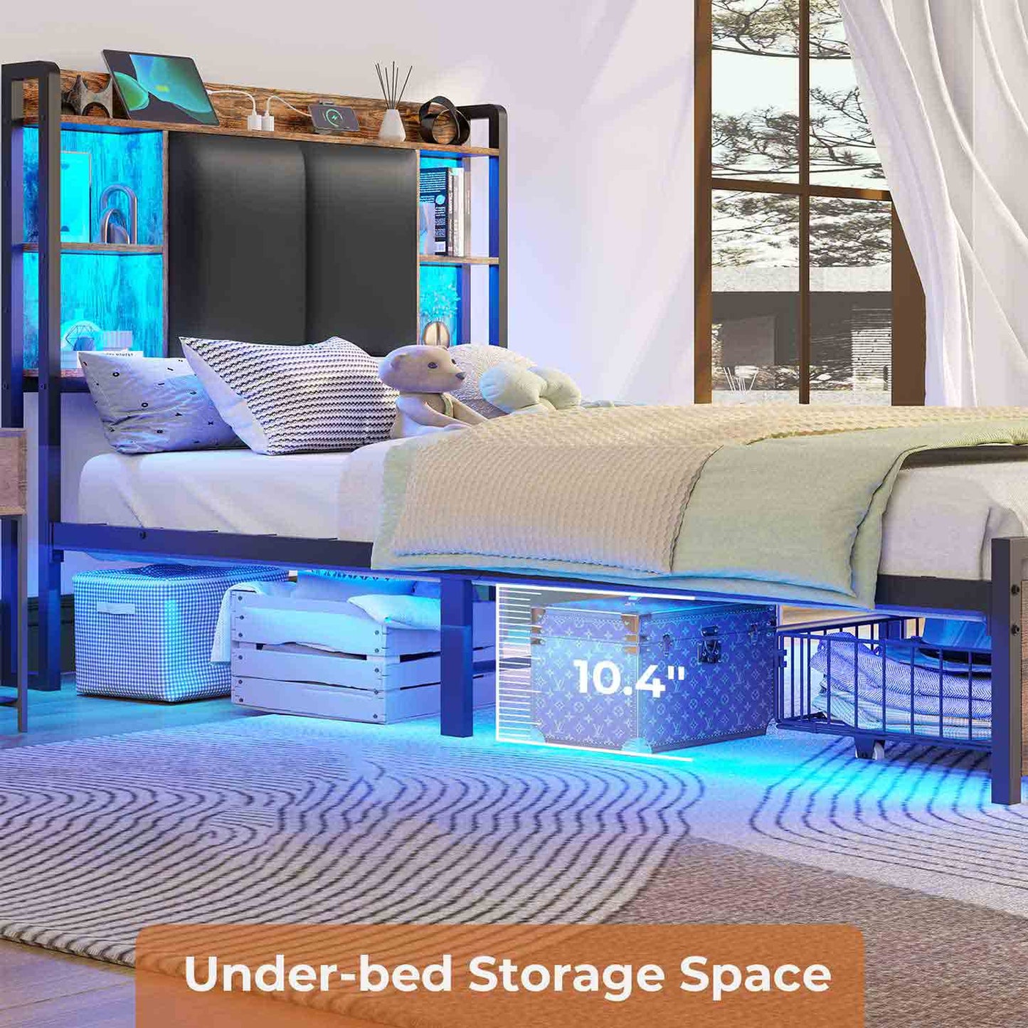 Twin Size LED Bed Frame with Storage Headboard Black