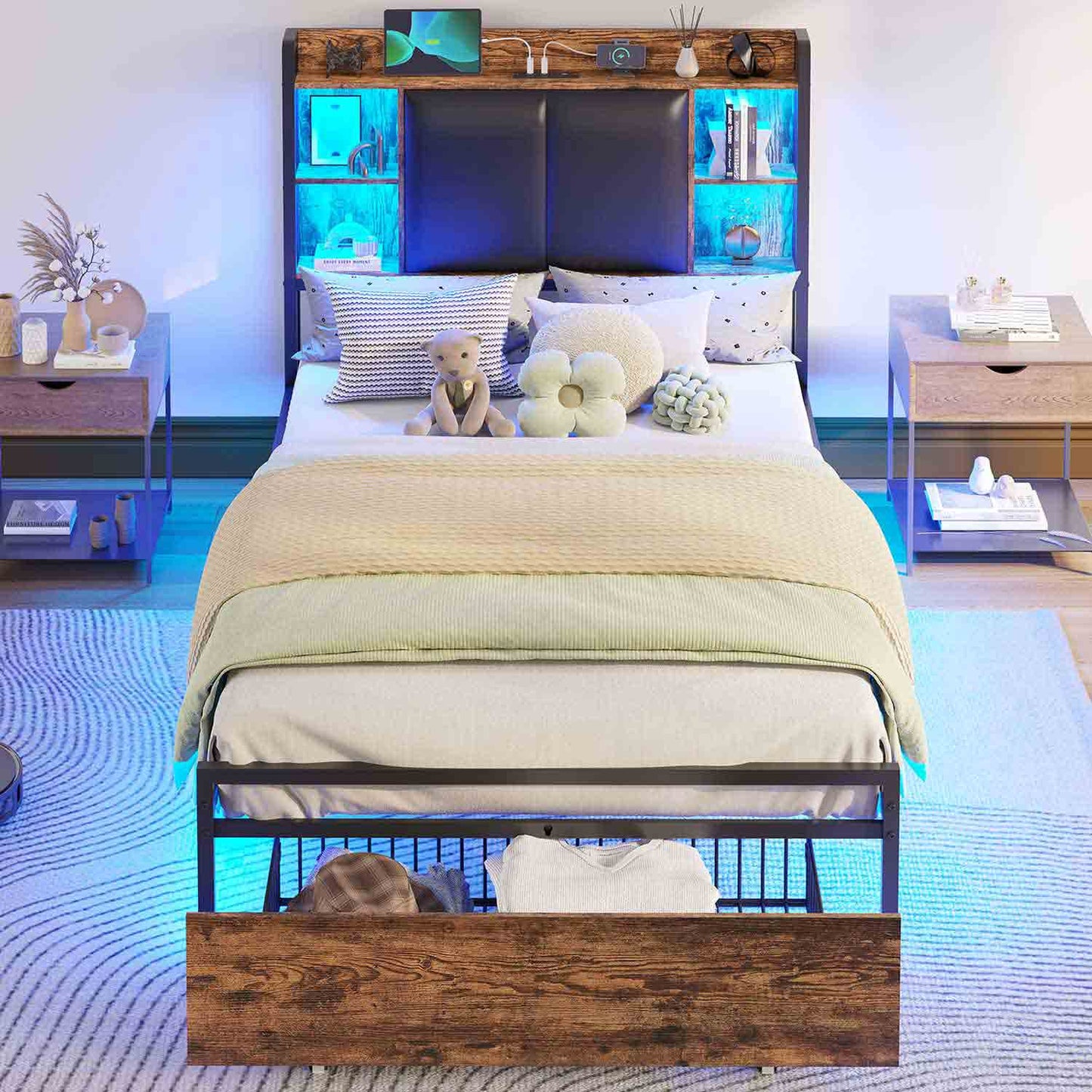 Twin Size LED Bed Frame with Storage Headboard Black