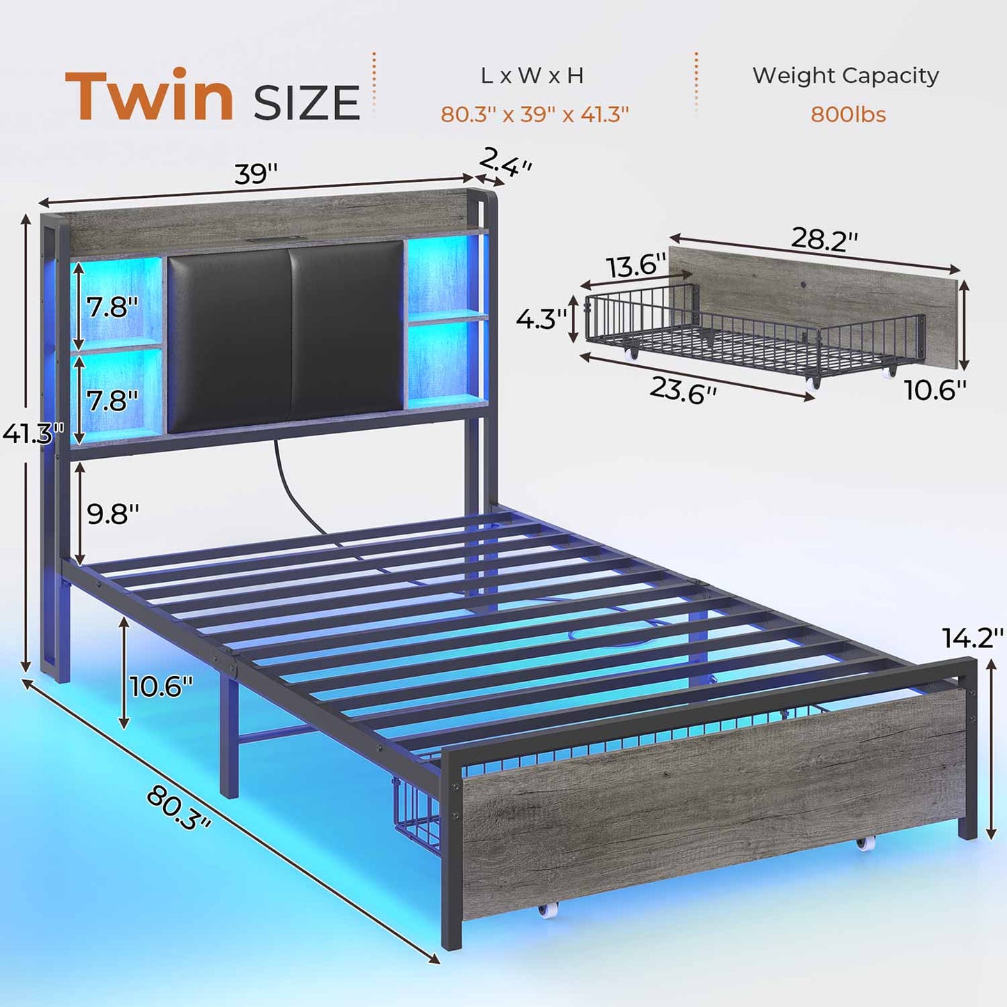 Twin Size LED Bed Frame Grey and Black